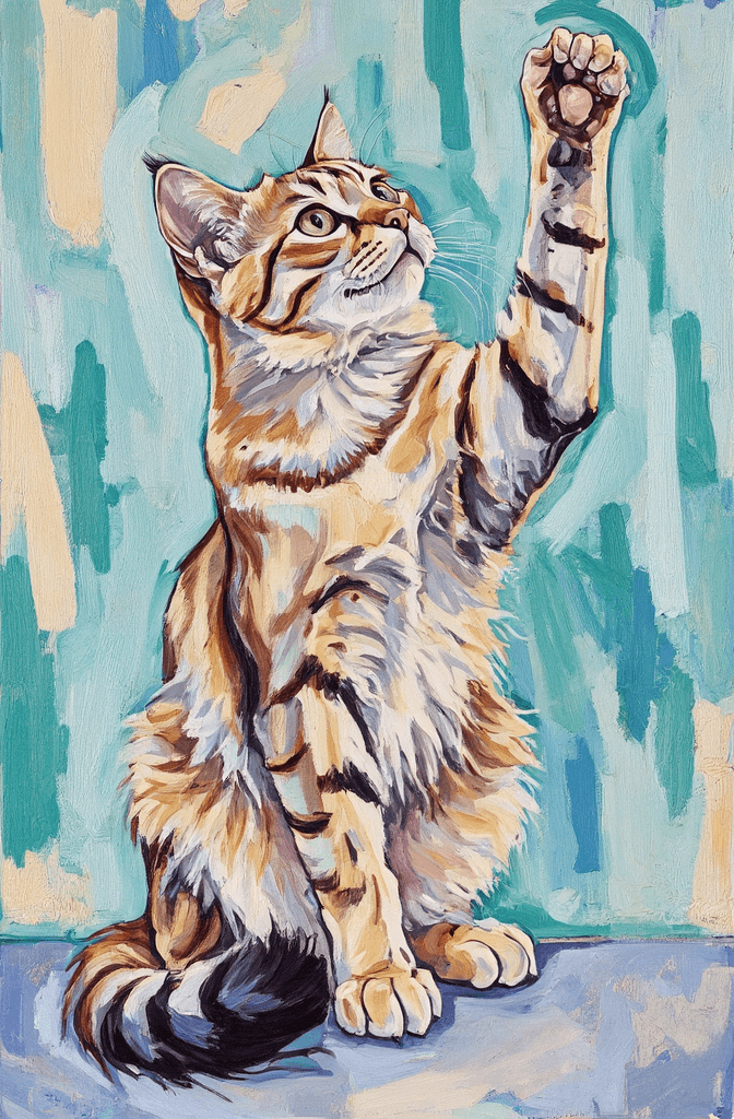 Create a vibrant canvas painting of a British Shorthair cat with a cream-colored coat and darker golden-brown points on its tail and ears. Position the cat in a playful pose, sitting upright with its front right paw raised high, reaching upward as if in mid-gesture. Capture its alert expression, with bright green eyes focused intently upward. Surround the cat with an abstract background, using a technique of bold, textured brushstrokes in vivid colors that swirl and blend harmoniously. Emphasize the long, fluffy fur around the cat’s neck to create a soft ruff. Maintain a clean composition, placing the cat slightly off-center against this dynamic backdrop, allowing the vibrant colors to enhance its playful and engaged demeanor. Let the brushwork be visible, adding depth and energy to the overall piece.