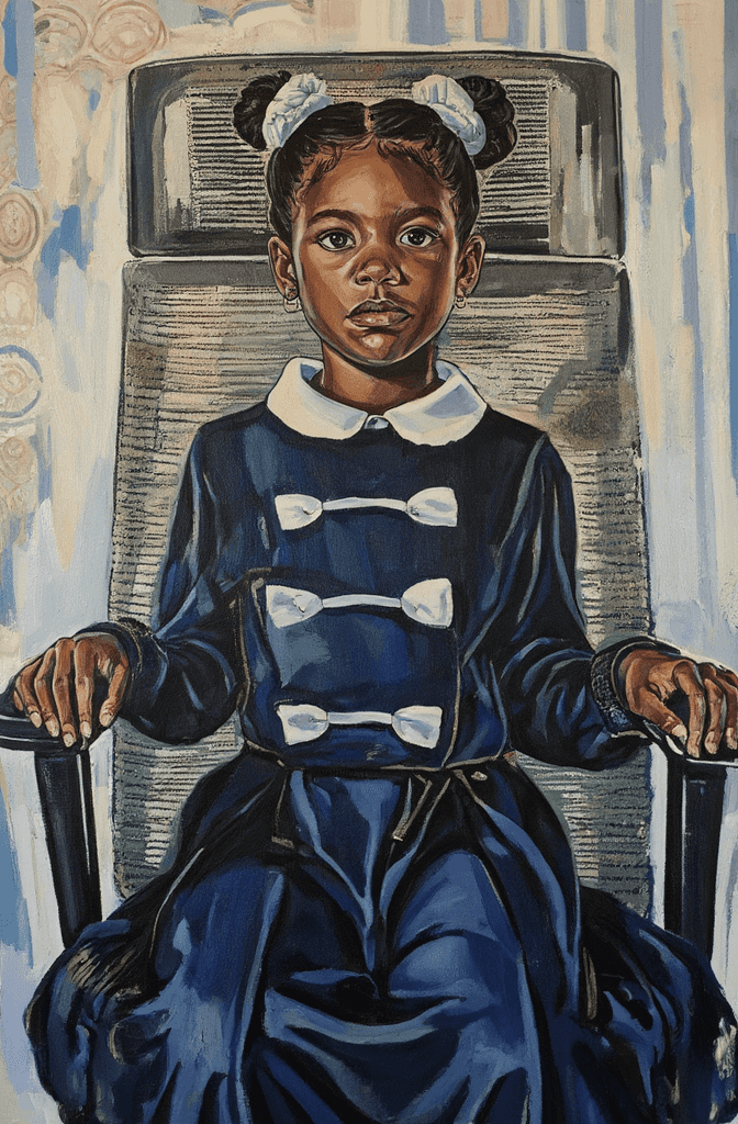 Create a canvas painting inspired by a portrait of a young Black girl seated in a striking black and white striped office chair against a textured, abstract background. Capture her formal black dress adorned with delicate white bows arranged vertically along the bodice. Style her hair in two playful buns, embellished with fluffy white pom-poms for a whimsical touch. Use visible, textured brushstrokes to bring life to the composition, allowing the background to feature a vibrant blend of colors, smeared and swirling to evoke energy and depth. Ensure the girl remains the focal point, centered in the frame, framed by the soft and even lighting of a professional studio setting, yet allowing the abstract backdrop to add a dynamic contrast to the clean lines and monochromatic palette of the subject. Aim for a balance between minimalist elegance and bold, expressive color.