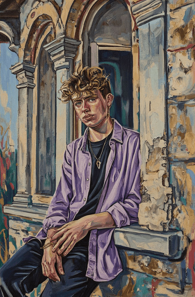Create a moody portrait on canvas of a young person with curly blonde hair, leaning against a weathered stone archway. They wear a light purple button-up shirt over a black t-shirt, adorned with piercings including a nose ring and ear studs. Their hands rest softly on the rough stone ledge, as natural sunlight casts gentle shadows on their skin. The background should feature abstract, textured brush strokes representing aged stone columns and arches, with vivid colors intermingled, suggesting peeling paint and exposed brick. Use a low angle perspective to frame the subject dramatically, incorporating a palette of muted grays and browns, highlighted by the purple of the shirt. The overall feel should evoke a vintage-inspired quality, with slightly desaturated tones and visible, textured brushstrokes, creating an atmospheric and evocative piece.