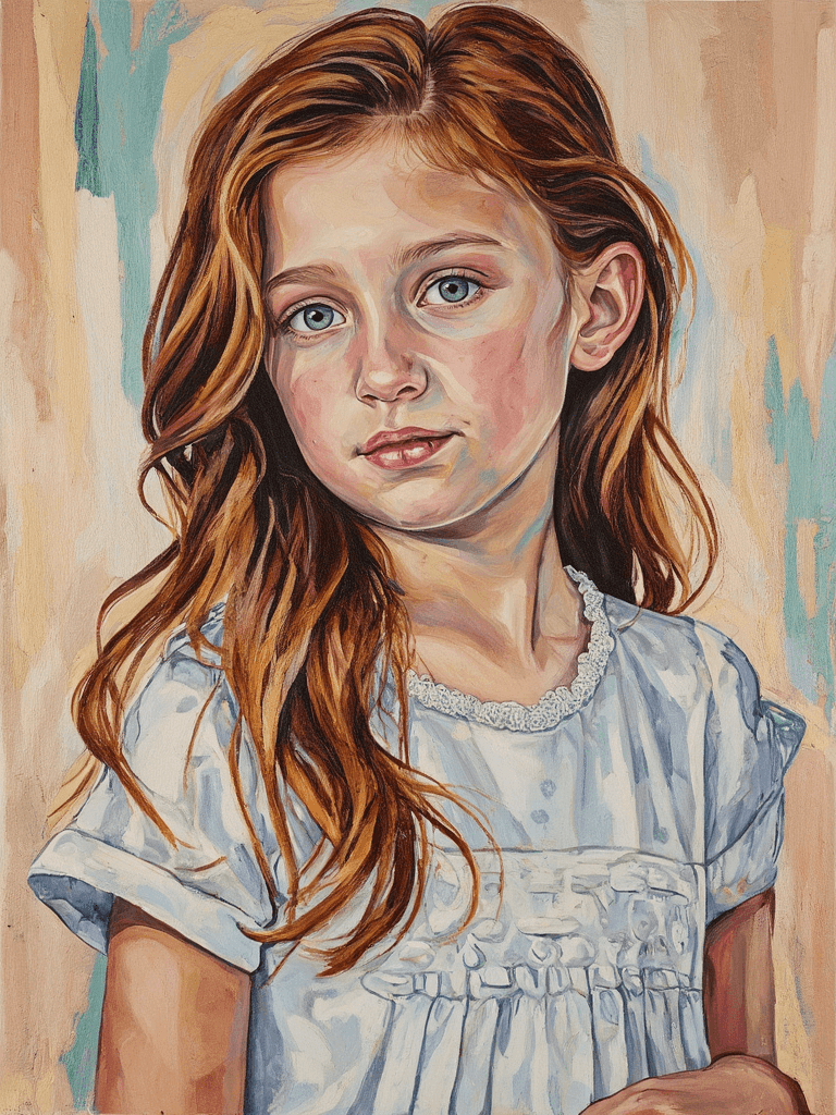 Create a vibrant canvas painting of a young Caucasian girl with flowing auburn wavy hair that cascades past her shoulders. Capture the warmth of her hair with varied shades of copper and rust, emphasizing a natural, slightly tousled texture. She wears a white polka-dotted blouse adorned with delicate lace trim, featuring ruffled details and short sleeves. The girl’s head is slightly tilted as she gazes directly at the viewer, her smooth skin glowing with a warm undertone. Surround her with an abstract background, where vivid colors are artfully smeared with textured brushstrokes, blending harmoniously to enhance the ethereal quality of the portrait. Use soft, natural lighting effects to create gentle shadows and highlights, bringing depth and warmth to the composition while maintaining a dreamy, whimsical feel. Aim for a balance between realism and impressionism, showcasing the beauty of the subject with vibrant energy and emotion.