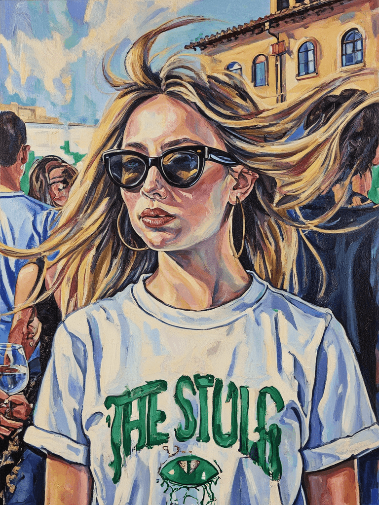 Create a vibrant canvas painting inspired by a close-up photograph of a young woman with blonde hair dramatically blown to the right by the wind. Capture her in striking detail as she wears sleek black cat-eye sunglasses and a white t-shirt emblazoned with green text reading "THE STUHS," accompanied by a whimsical green alien logo beneath. Emphasize the chaotic beauty of her hair caught mid-motion, illustrating a dynamic wind-swept effect. For the background, use abstract, textured brushstrokes to evoke an architectural structure with arched windows; however, keep it blurred and smeared with vivid colors to create depth and movement. The lighting should suggest a bright, casual outdoor atmosphere, enhancing the sense of motion. Make sure to infuse your painting with visible, textured brushstrokes to bring life and energy to the scene.