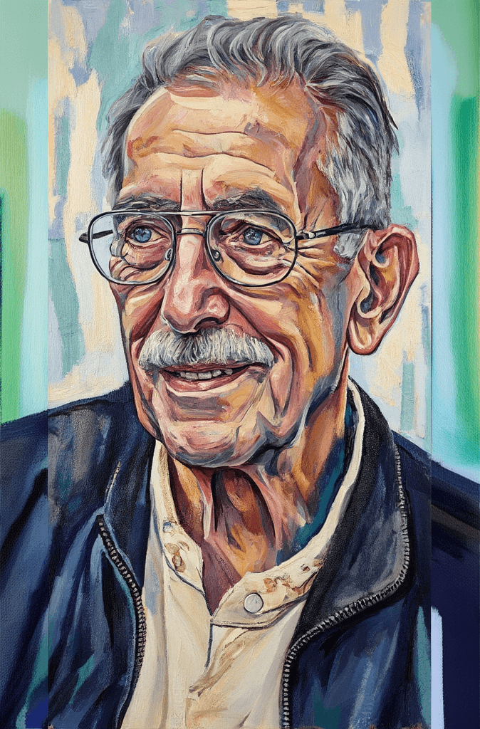 Create a painting on canvas of an elderly man in a professional portrait style. His neatly combed gray hair and rectangular wire-rimmed glasses should capture a warm smile, with a well-groomed mustache and natural aging lines around his eyes and forehead. He wears a black jacket over a cream-colored collared shirt, conveying subtle elegance. Use soft, even lighting to evoke warmth and highlight facial features with textured brushstrokes. The composition should be centered, ensuring his face occupies roughly two-thirds of the canvas, creating an intimate connection with the viewer. The background is an abstract blend of vivid colors, applied with expressive, smeared brush techniques, contrasting yet complementing the warm tones of the subject. This artwork should evoke a sense of warmth and wisdom, with a dynamic interplay of texture and color to enhance emotional depth.