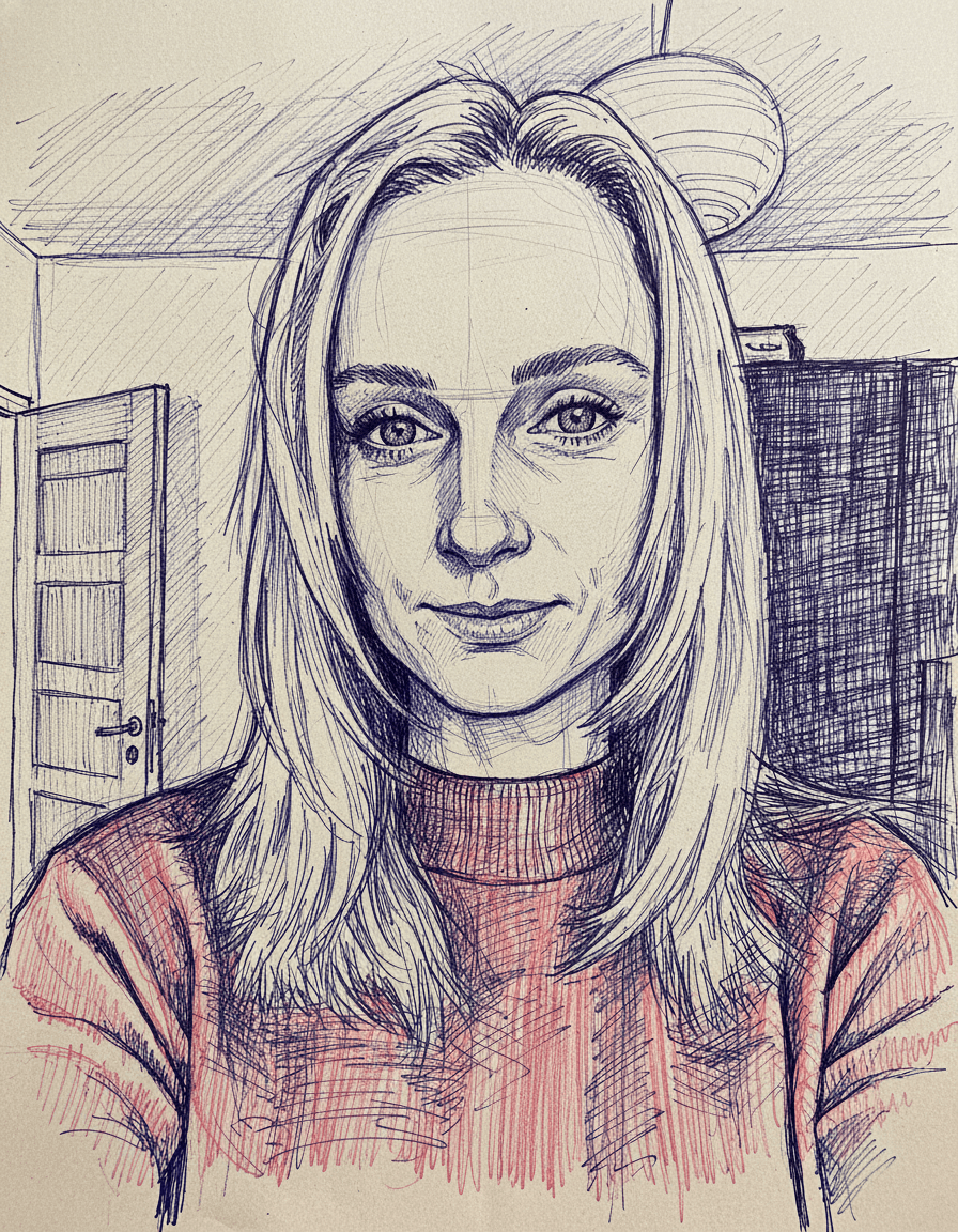 Transform this image into a chaotic, intricate pen and ink sketch. Use cross-hatching, fine lines, and scribbles. The style should look like a hand-drawn architectural or portrait sketch on paper with blue and black ink. High contrast, expressive lines. Maintain the main subject and composition of the original image but completely change the artistic rendering to match the description. Return ONLY the image.