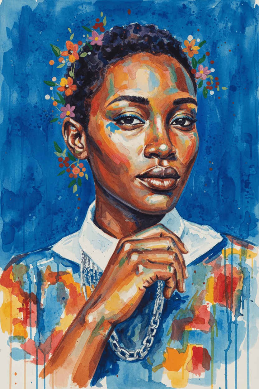 Transform ths photo into a watercolor and gouache painting, adopting the vibrant, abstract style and color palette. The subject is rendered with bold, overlapping brushstrokes and splashes in non-realistic blues, oranges, yellows, reds, pinks, and greens. Stylized small flowers and berries. The background is replaced with a solid deep blue wash, showing texture and brush marks. Maintain the main subject and composition of the original image but completely change the artistic rendering to match the description. Return ONLY the image.