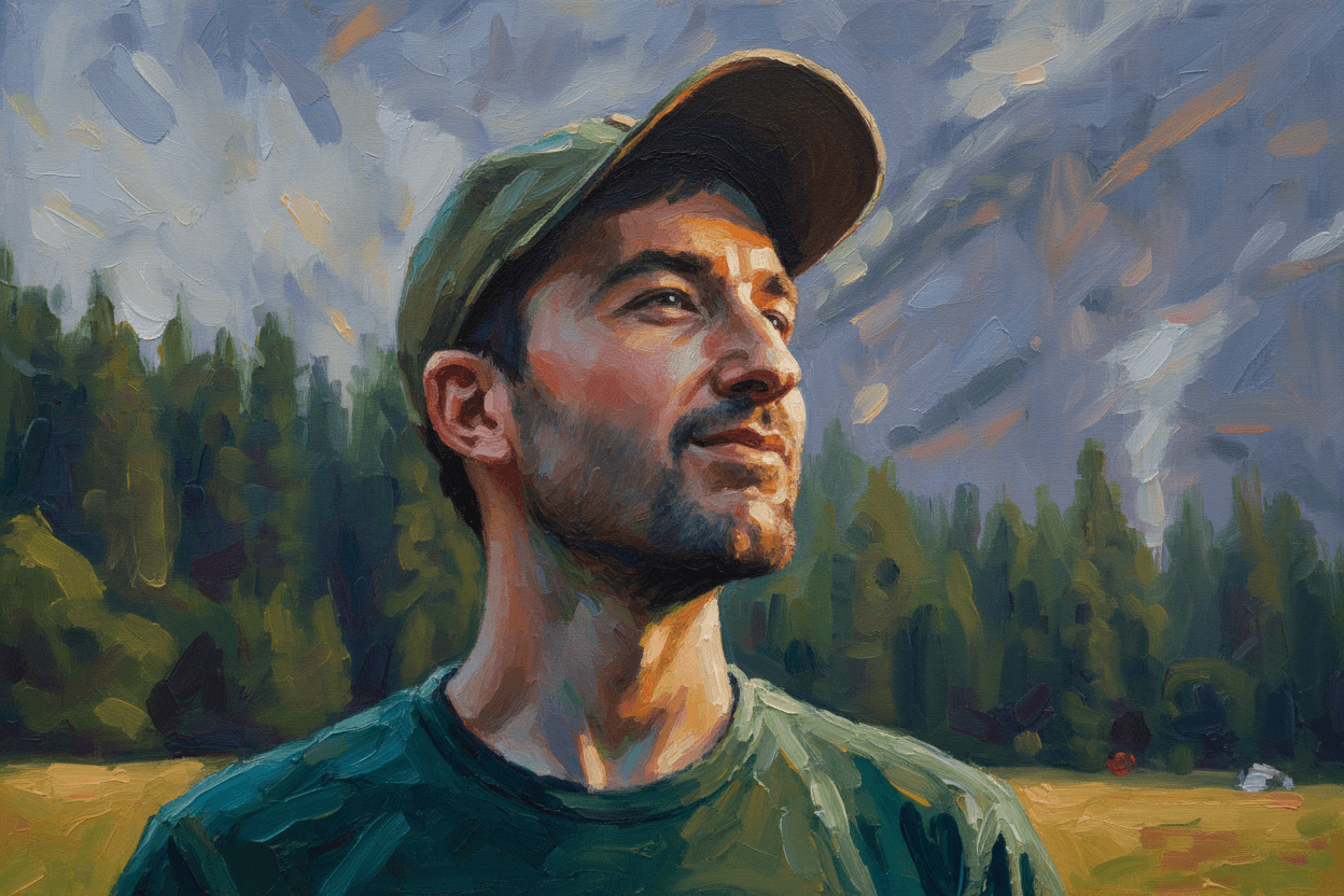 Transform the photo into a richly textured impasto oil painting with thick, sculpted brushstrokes. Build the entire portrait using bold, confident strokes of opaque paint, leaving visible ridges and directional marks to mimic traditional palette-knife and heavy-brush techniques. Use expressive, slightly surreal color variations—cool blues, teals, and violets in the shadows, contrasted with warm oranges, yellows, and soft pinks in the highlights. Capture the facial structure with layered strokes rather than blending, creating a tactile, three-dimensional painted surface. Add abstract vertical or radial background strokes in complementary colors to give depth and artistic framing. Highlight reflective areas (like helmets, metals, or fabric) with intensified color bursts and dramatic edge-lighting. The final result should look like a contemporary impasto masterwork: textured, vibrant, expressive, and full of painterly depth, with no smooth digital blending. Maintain the main subject and composition of the original image but completely change the artistic rendering to match the description. Return ONLY the image.