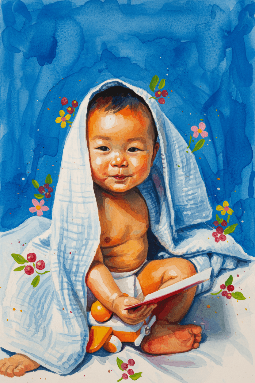 Transform ths photo into a watercolor and gouache painting, adopting the vibrant, abstract style and color palette. The subject is rendered with bold, overlapping brushstrokes and splashes in non-realistic blues, oranges, yellows, reds, pinks, and greens. Stylized small flowers and berries. The background is replaced with a solid deep blue wash, showing texture and brush marks. Maintain the main subject and composition of the original image but completely change the artistic rendering to match the description. Return ONLY the image.