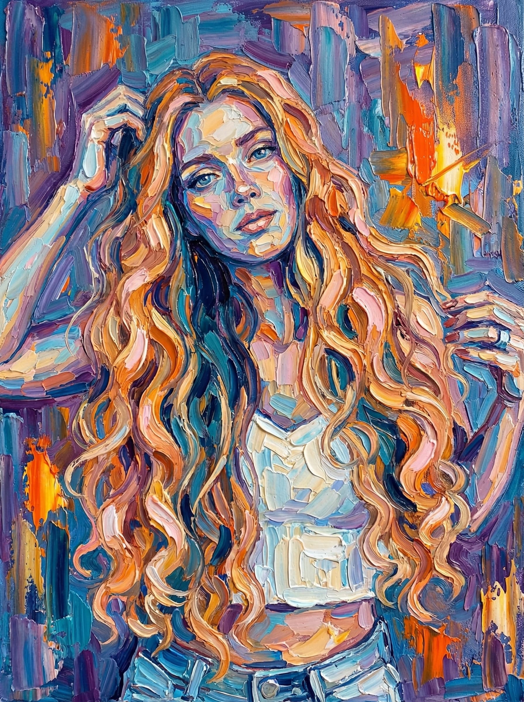 Transform this image into a richly textured impasto oil painting with thick, sculpted brushstrokes. Build the entire portrait using bold, confident strokes of opaque paint, leaving visible ridges and directional marks to mimic traditional palette-knife and heavy-brush techniques. Use expressive, slightly surreal color variations—cool blues, teals, and violets in the shadows, contrasted with warm oranges, yellows, and soft pinks in the highlights. Capture the facial structure with layered strokes rather than blending, creating a tactile, three-dimensional painted surface. Add abstract vertical or radial background strokes in complementary colors to give depth and artistic framing. Highlight reflective areas (like helmets, metals, or fabric) with intensified color bursts and dramatic edge-lighting. The final result should look like a contemporary impasto masterwork: textured, vibrant, expressive, and full of painterly depth, with no smooth digital blending. Transform the provided image according to the style description. Return ONLY the image.