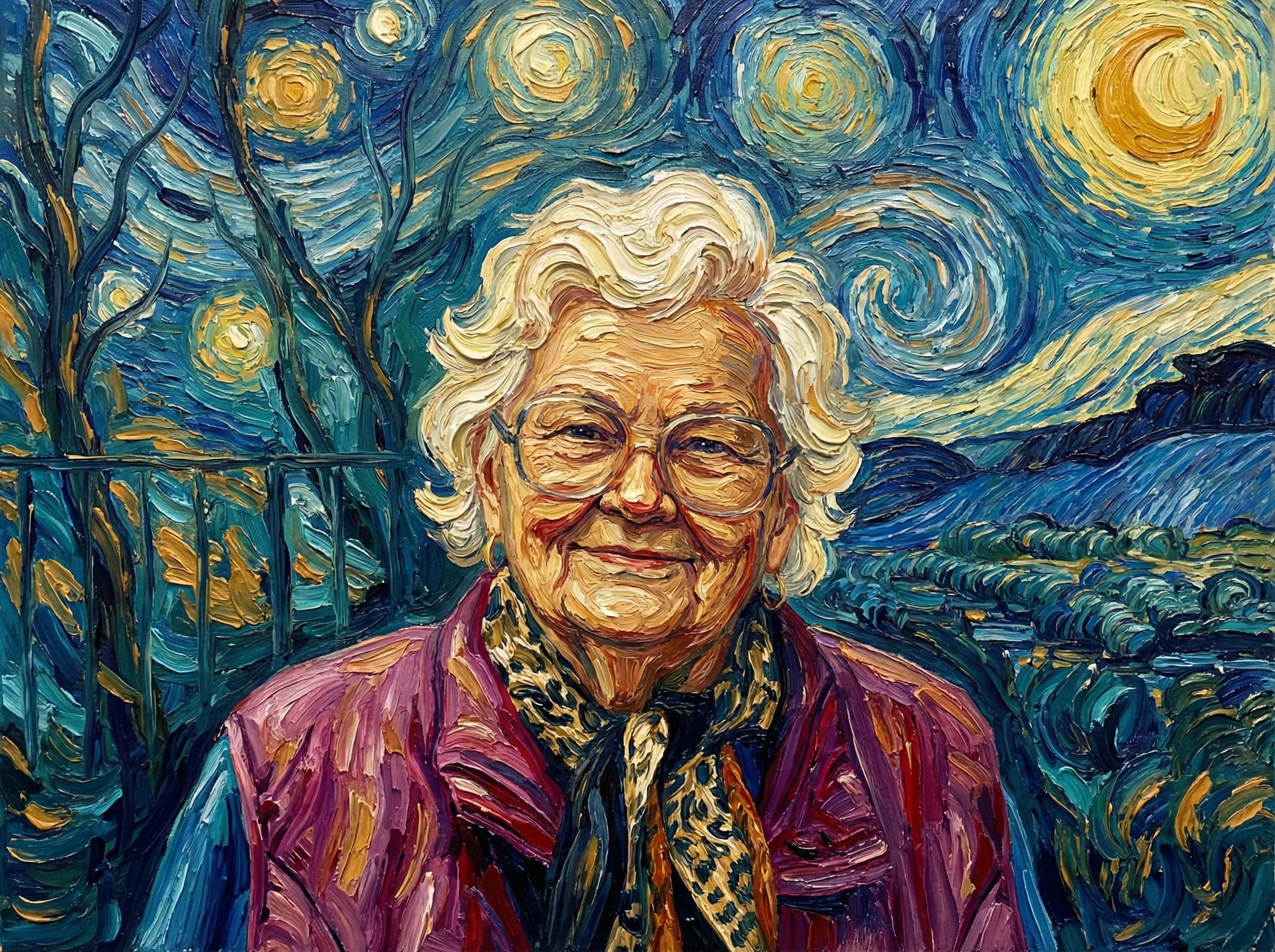 Transform this image into a Van Gogh–inspired impasto painting with swirling, textured brushstrokes and rich complementary colors. Use thick layers of paint with visible ridges, especially in the hair, backgrounds, and fabric.
Apply dynamic, circular motions around light sources to create a glowing, radiant effect.
Emphasize deep blues, teals, and warm golds, blending them with expressive strokes that create movement.
Render faces with sculpted, directional strokes that highlight contours rather than photorealistic detail.
Background painted with swirling brushstrokes.
Overall, the artwork should feel emotional, tactile, and vibrant, combining romantic atmosphere with bold post-impressionist medium impasto textures. Transform the provided image according to the style description. Return ONLY the image.