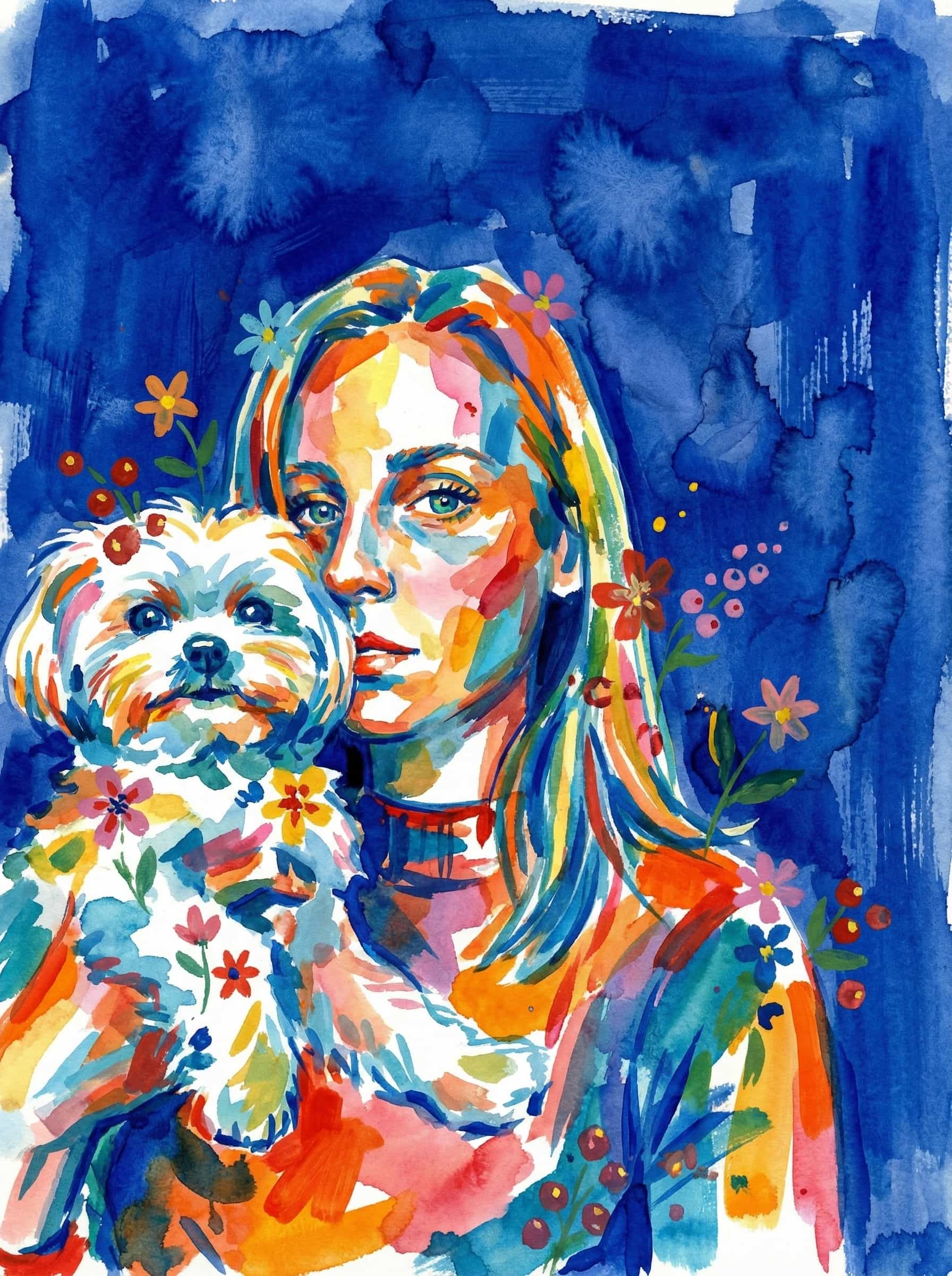 Transform this image into watercolor and gouache painting, adopting the vibrant, abstract style and color palette. The subject is rendered with bold, overlapping brushstrokes and splashes in non-realistic blues, oranges, yellows, reds, pinks, and greens.
Stylized small flowers and berries. The background is replaced with a color: #072aaf wash, showing texture and brush marks, partly transparent. Transform the provided image according to the style description. Return ONLY the image.