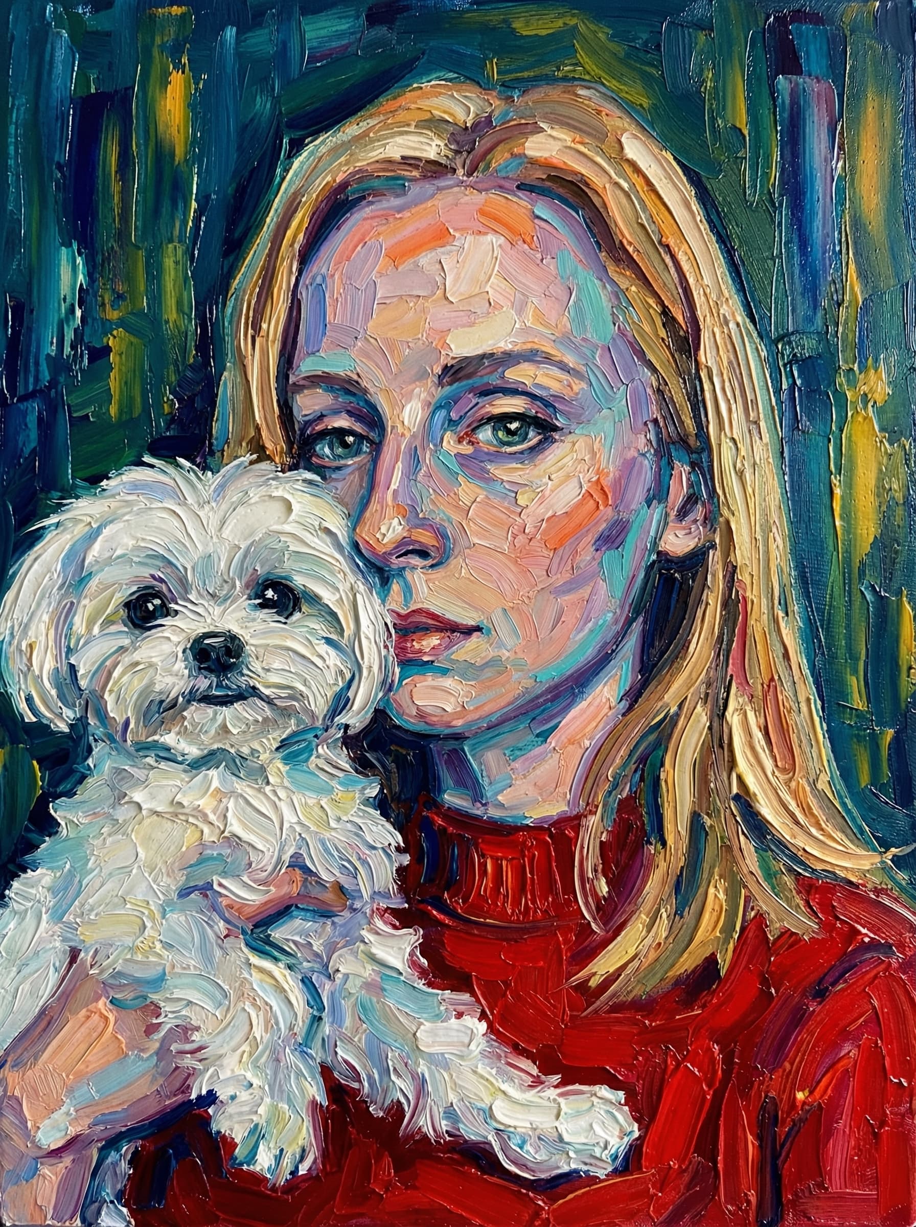 Transform this image into a richly textured impasto oil painting with thick, sculpted brushstrokes. Build the entire portrait using bold, confident strokes of opaque paint, leaving visible ridges and directional marks to mimic traditional palette-knife and heavy-brush techniques. Use expressive, slightly surreal color variations—cool blues, teals, and violets in the shadows, contrasted with warm oranges, yellows, and soft pinks in the highlights. Capture the facial structure with layered strokes rather than blending, creating a tactile, three-dimensional painted surface. Add abstract vertical or radial background strokes in complementary colors to give depth and artistic framing. Highlight reflective areas (like helmets, metals, or fabric) with intensified color bursts and dramatic edge-lighting. The final result should look like a contemporary impasto masterwork: textured, vibrant, expressive, and full of painterly depth, with no smooth digital blending. Transform the provided image according to the style description. Return ONLY the image.
