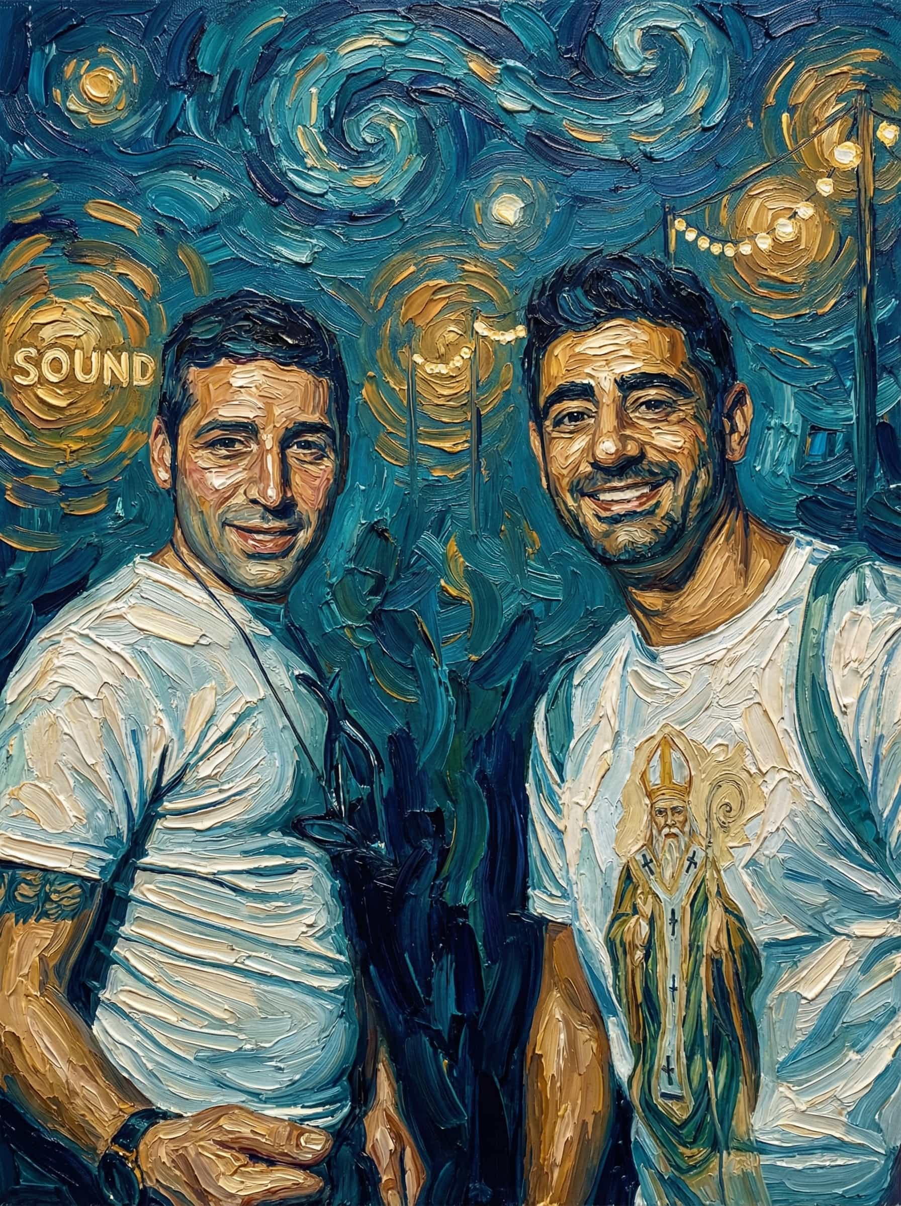 Transform this image into a Van Gogh–inspired impasto painting with swirling, textured brushstrokes and rich complementary colors. Use thick layers of paint with visible ridges, especially in the hair, backgrounds, and fabric.
Apply dynamic, circular motions around light sources to create a glowing, radiant effect.
Emphasize deep blues, teals, and warm golds, blending them with expressive strokes that create movement.
Render faces with sculpted, directional strokes that highlight contours rather than photorealistic detail.
Background painted with swirling brushstrokes.
Overall, the artwork should feel emotional, tactile, and vibrant, combining romantic atmosphere with bold post-impressionist medium impasto textures. Transform the provided image according to the style description. Return ONLY the image.