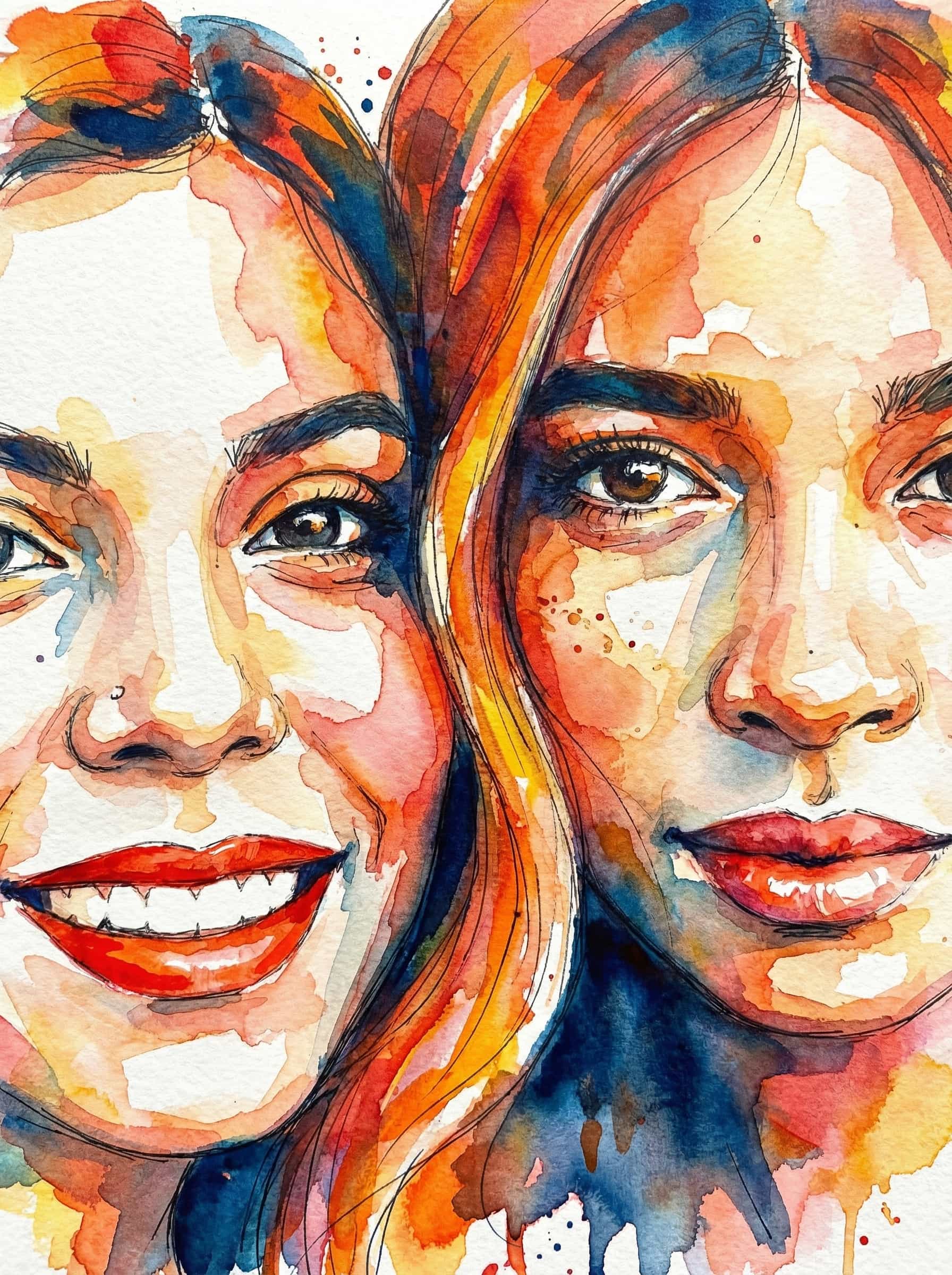 Transform this image into vivid expressive watercolor portrait combined with fine ink linework. Use bold, saturated watercolor splashes in warm oranges, reds, and yellows contrasted with deep blues and indigos. Build the image with layered translucent washes, dynamic bleeding edges, and fluid gradients that merge into each other. Add fine, sketch-like ink outlines to emphasize facial features, hair strands, and structural contours, keeping the lines loose, organic, and slightly imperfect. Include watercolor drips, splatters, and textured paper grain for an energetic handmade feel. Maintain strong color contrasts, luminous highlights, and expressive brushstrokes that mix both controlled detail and loose abstract washes. The final result should look like a vibrant, emotionally charged watercolor portrait enhanced by delicate ink sketch work. Transform the provided image according to the style description. Return ONLY the image.