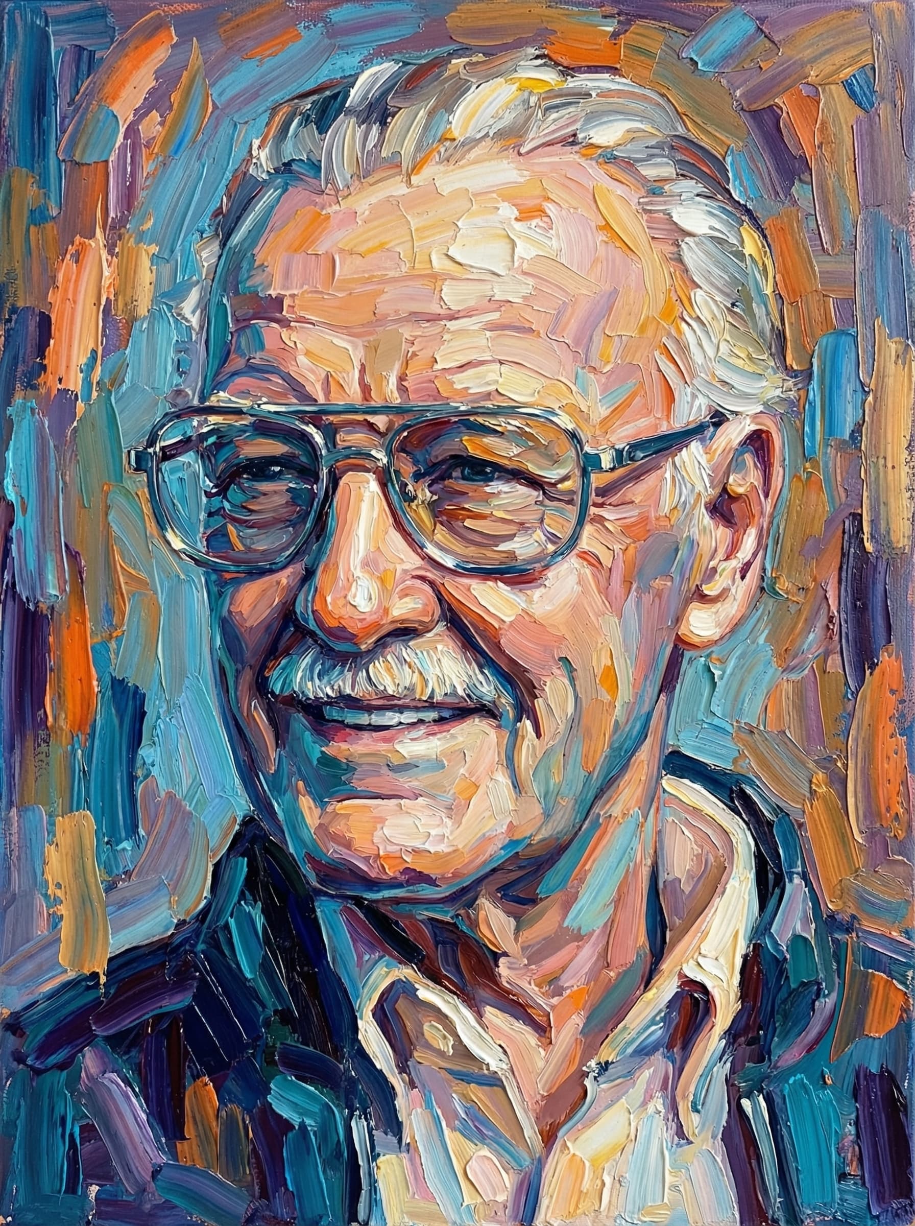 Transform this image into a richly textured impasto oil painting with thick, sculpted brushstrokes. Build the entire portrait using bold, confident strokes of opaque paint, leaving visible ridges and directional marks to mimic traditional palette-knife and heavy-brush techniques. Use expressive, slightly surreal color variations—cool blues, teals, and violets in the shadows, contrasted with warm oranges, yellows, and soft pinks in the highlights. Capture the facial structure with layered strokes rather than blending, creating a tactile, three-dimensional painted surface. Add abstract vertical or radial background strokes in complementary colors to give depth and artistic framing. Highlight reflective areas (like helmets, metals, or fabric) with intensified color bursts and dramatic edge-lighting. The final result should look like a contemporary impasto masterwork: textured, vibrant, expressive, and full of painterly depth, with no smooth digital blending. Transform the provided image according to the style description. Return ONLY the image.