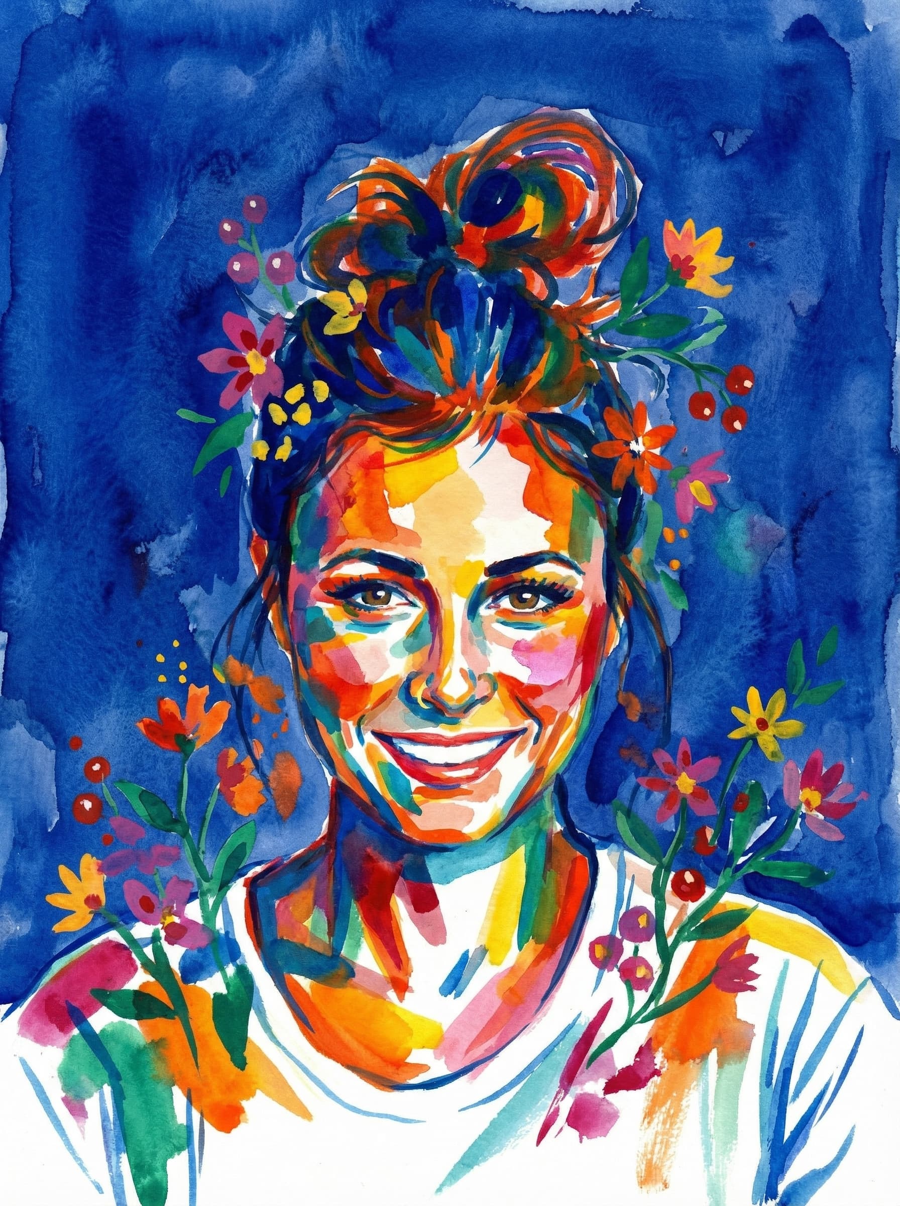 Transform this image into watercolor and gouache painting, adopting the vibrant, abstract style and color palette. The subject is rendered with bold, overlapping brushstrokes and splashes in non-realistic blues, oranges, yellows, reds, pinks, and greens.
Stylized small flowers and berries. The background is replaced with a color: #072aaf wash, showing texture and brush marks, partly transparent. Transform the provided image according to the style description. Return ONLY the image.