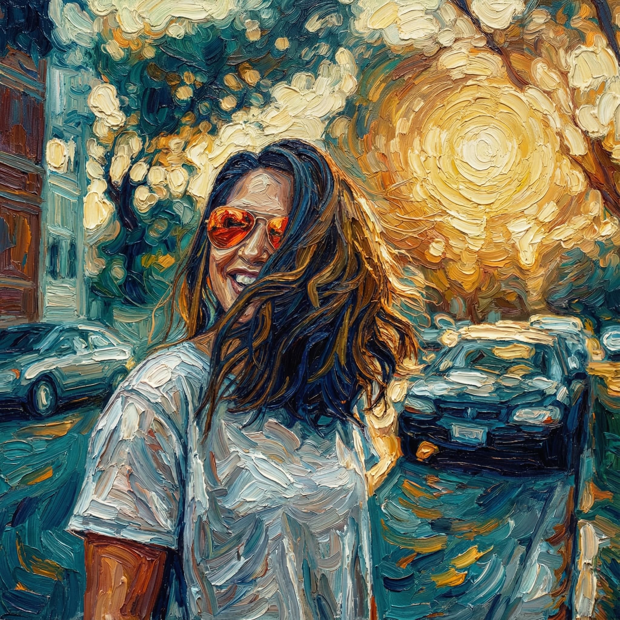 Transform this image into a Van Gogh–inspired impasto painting with swirling, textured brushstrokes and rich complementary colors. Use thick layers of paint with visible ridges, especially in the hair, backgrounds, and fabric.
Apply dynamic, circular motions around light sources to create a glowing, radiant effect.
Emphasize deep blues, teals, and warm golds, blending them with expressive strokes that create movement.
Render faces with sculpted, directional strokes that highlight contours rather than photorealistic detail.
Background painted with swirling brushstrokes.
Overall, the artwork should feel emotional, tactile, and vibrant, combining romantic atmosphere with bold post-impressionist medium impasto textures. Transform the provided image according to the style description. Return ONLY the image.