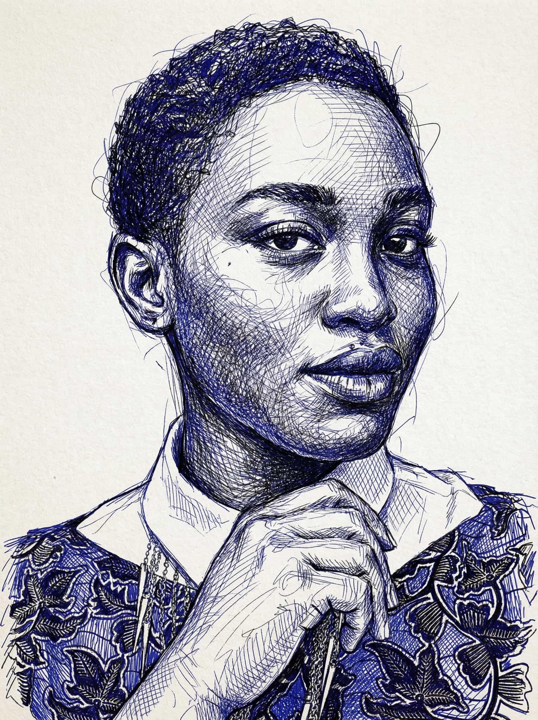 Transform this image into chaotic, intricate pen and ink sketch. Use cross-hatching, fine lines, and scribbles. The style should look like a hand-drawn architectural or portrait sketch on paper with blue and black ink. High contrast, expressive lines. Remove background. Transform the provided image according to the style description. Return ONLY the image.