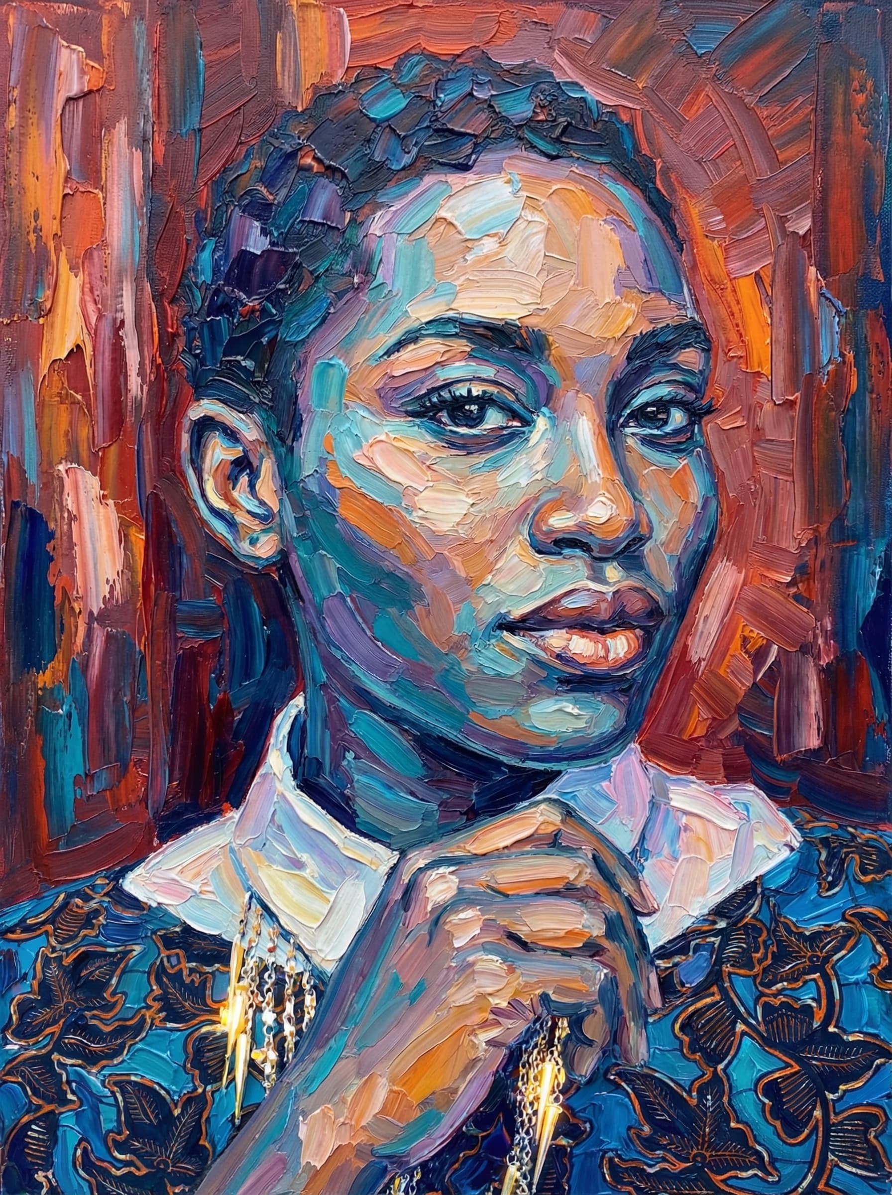 Transform this image into a richly textured impasto oil painting with thick, sculpted brushstrokes. Build the entire portrait using bold, confident strokes of opaque paint, leaving visible ridges and directional marks to mimic traditional palette-knife and heavy-brush techniques. Use expressive, slightly surreal color variations—cool blues, teals, and violets in the shadows, contrasted with warm oranges, yellows, and soft pinks in the highlights. Capture the facial structure with layered strokes rather than blending, creating a tactile, three-dimensional painted surface. Add abstract vertical or radial background strokes in complementary colors to give depth and artistic framing. Highlight reflective areas (like helmets, metals, or fabric) with intensified color bursts and dramatic edge-lighting. The final result should look like a contemporary impasto masterwork: textured, vibrant, expressive, and full of painterly depth, with no smooth digital blending. Transform the provided image according to the style description. Return ONLY the image.