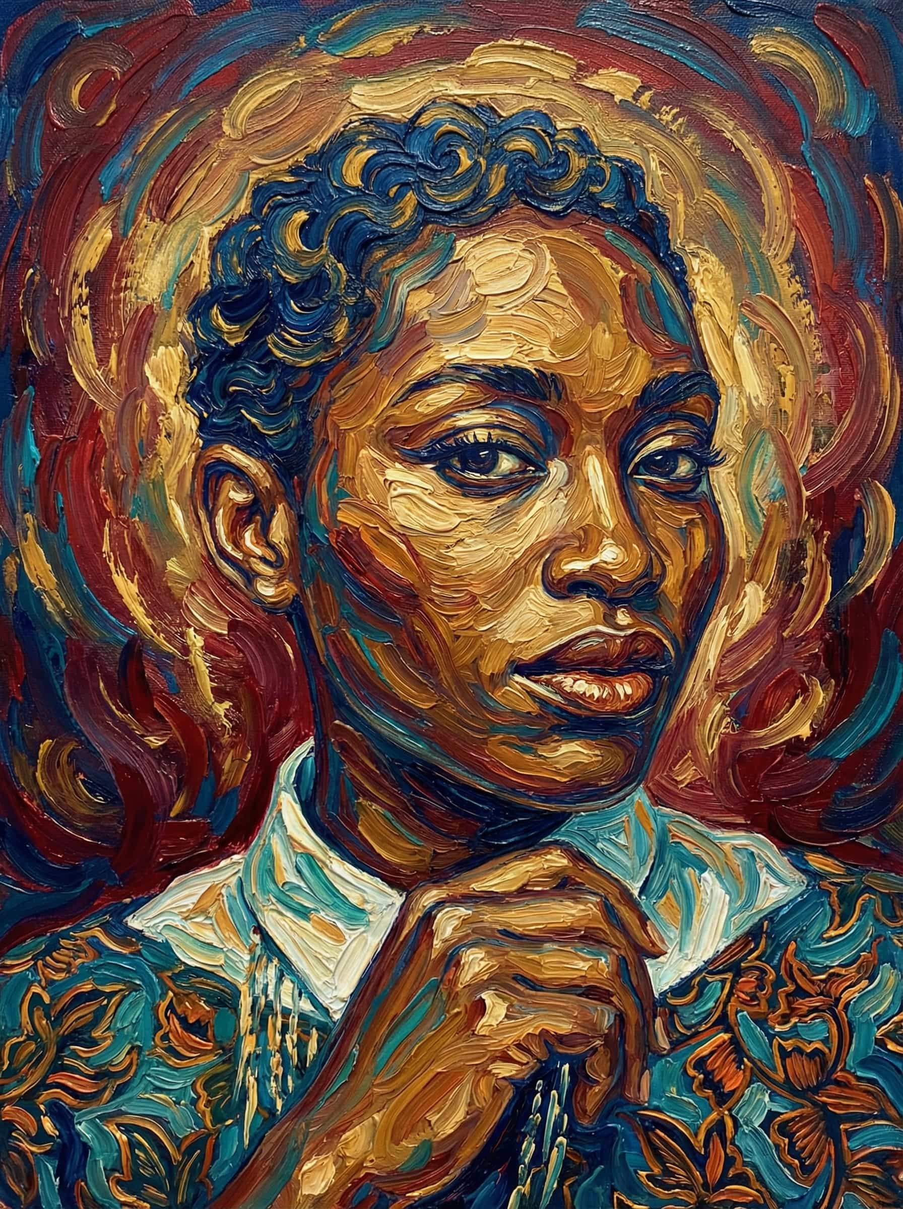 Transform this image into a Van Gogh–inspired impasto painting with swirling, textured brushstrokes and rich complementary colors. Use thick layers of paint with visible ridges, especially in the hair, backgrounds, and fabric.
Apply dynamic, circular motions around light sources to create a glowing, radiant effect.
Emphasize deep blues, teals, and warm golds, blending them with expressive strokes that create movement.
Render faces with sculpted, directional strokes that highlight contours rather than photorealistic detail.
Background painted with swirling brushstrokes.
Overall, the artwork should feel emotional, tactile, and vibrant, combining romantic atmosphere with bold post-impressionist medium impasto textures. Transform the provided image according to the style description. Return ONLY the image.