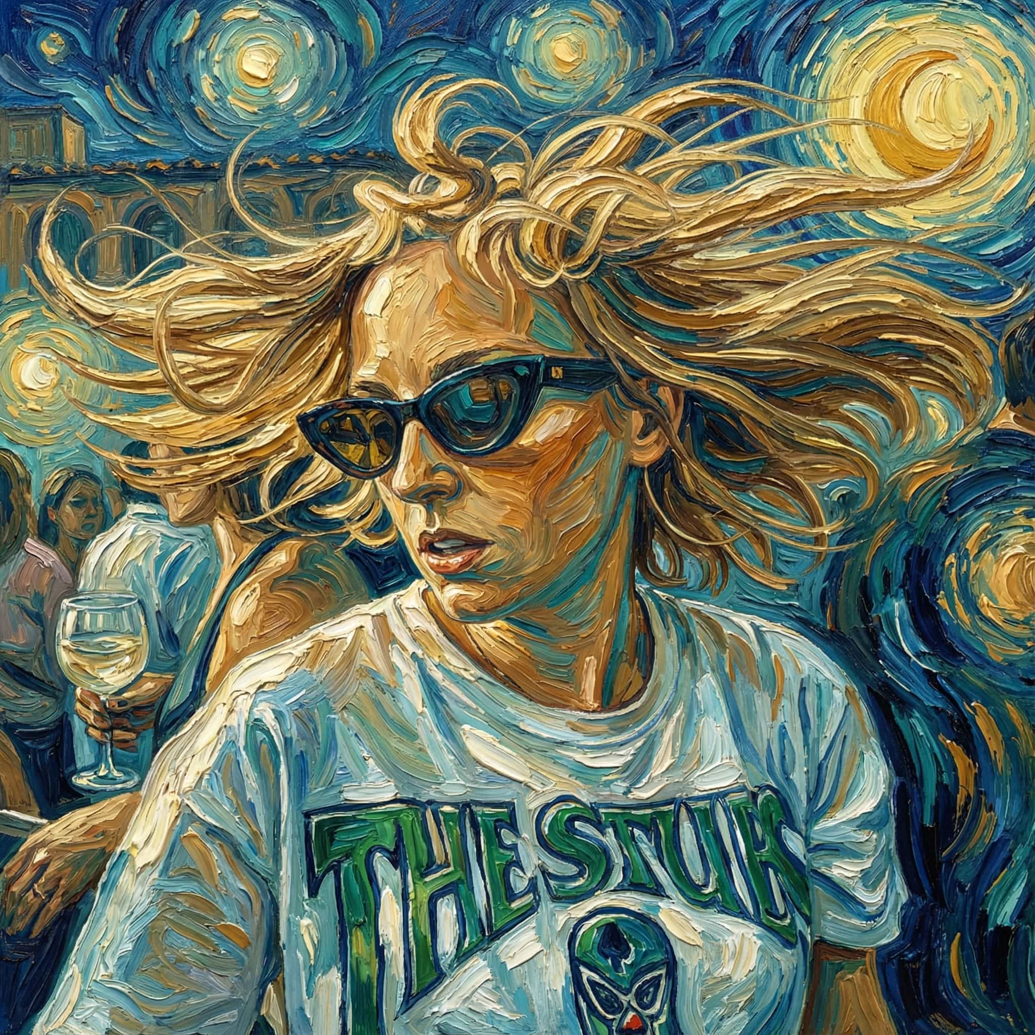 Transform this image into a Van Gogh–inspired impasto painting with swirling, textured brushstrokes and rich complementary colors. Use thick layers of paint with visible ridges, especially in the hair, backgrounds, and fabric.
Apply dynamic, circular motions around light sources to create a glowing, radiant effect.
Emphasize deep blues, teals, and warm golds, blending them with expressive strokes that create movement.
Render faces with sculpted, directional strokes that highlight contours rather than photorealistic detail.
Background painted with swirling brushstrokes.
Overall, the artwork should feel emotional, tactile, and vibrant, combining romantic atmosphere with bold post-impressionist medium impasto textures. Transform the provided image according to the style description. Return ONLY the image.