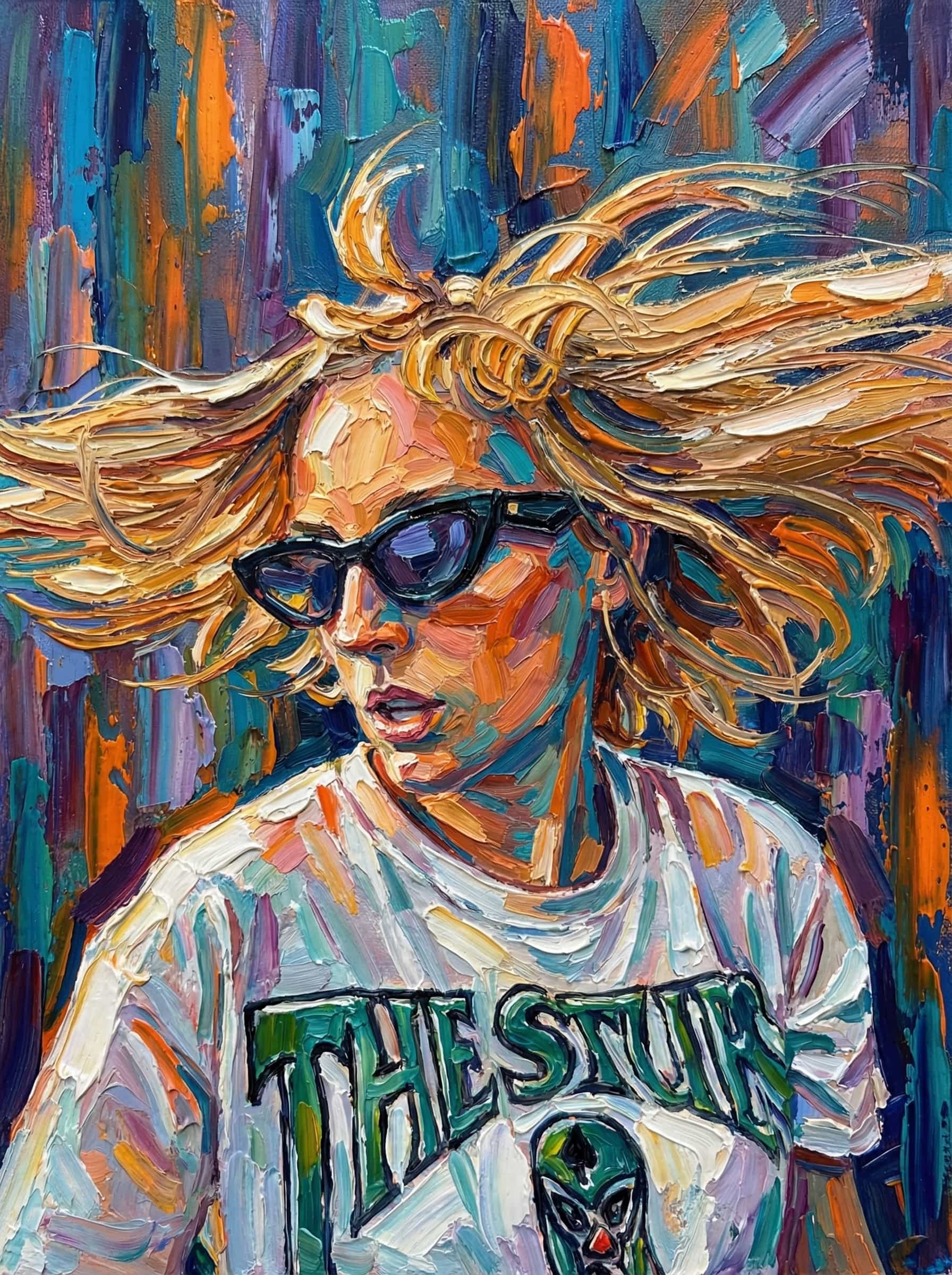 Transform this image into a richly textured impasto oil painting with thick, sculpted brushstrokes. Build the entire portrait using bold, confident strokes of opaque paint, leaving visible ridges and directional marks to mimic traditional palette-knife and heavy-brush techniques. Use expressive, slightly surreal color variations—cool blues, teals, and violets in the shadows, contrasted with warm oranges, yellows, and soft pinks in the highlights. Capture the facial structure with layered strokes rather than blending, creating a tactile, three-dimensional painted surface. Add abstract vertical or radial background strokes in complementary colors to give depth and artistic framing. Highlight reflective areas (like helmets, metals, or fabric) with intensified color bursts and dramatic edge-lighting. The final result should look like a contemporary impasto masterwork: textured, vibrant, expressive, and full of painterly depth, with no smooth digital blending. Transform the provided image according to the style description. Return ONLY the image.