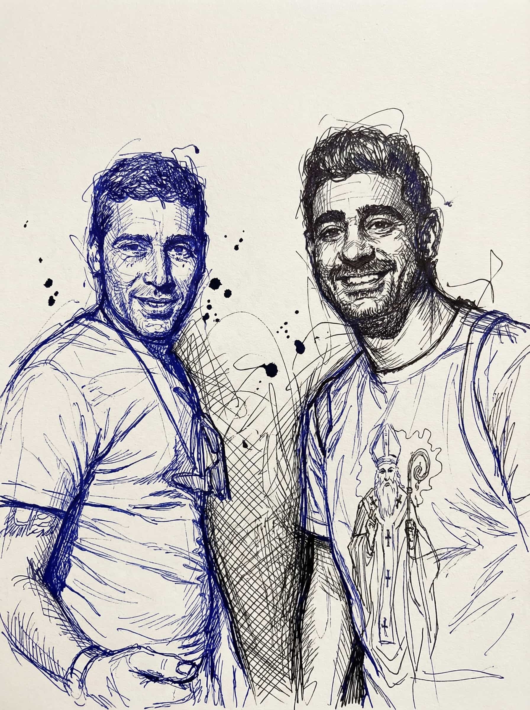 Transform this image into chaotic, intricate pen and ink sketch. Use cross-hatching, fine lines, and scribbles. The style should look like a hand-drawn architectural or portrait sketch on paper with blue and black ink. High contrast, expressive lines. Remove background. Transform the provided image according to the style description. Return ONLY the image.