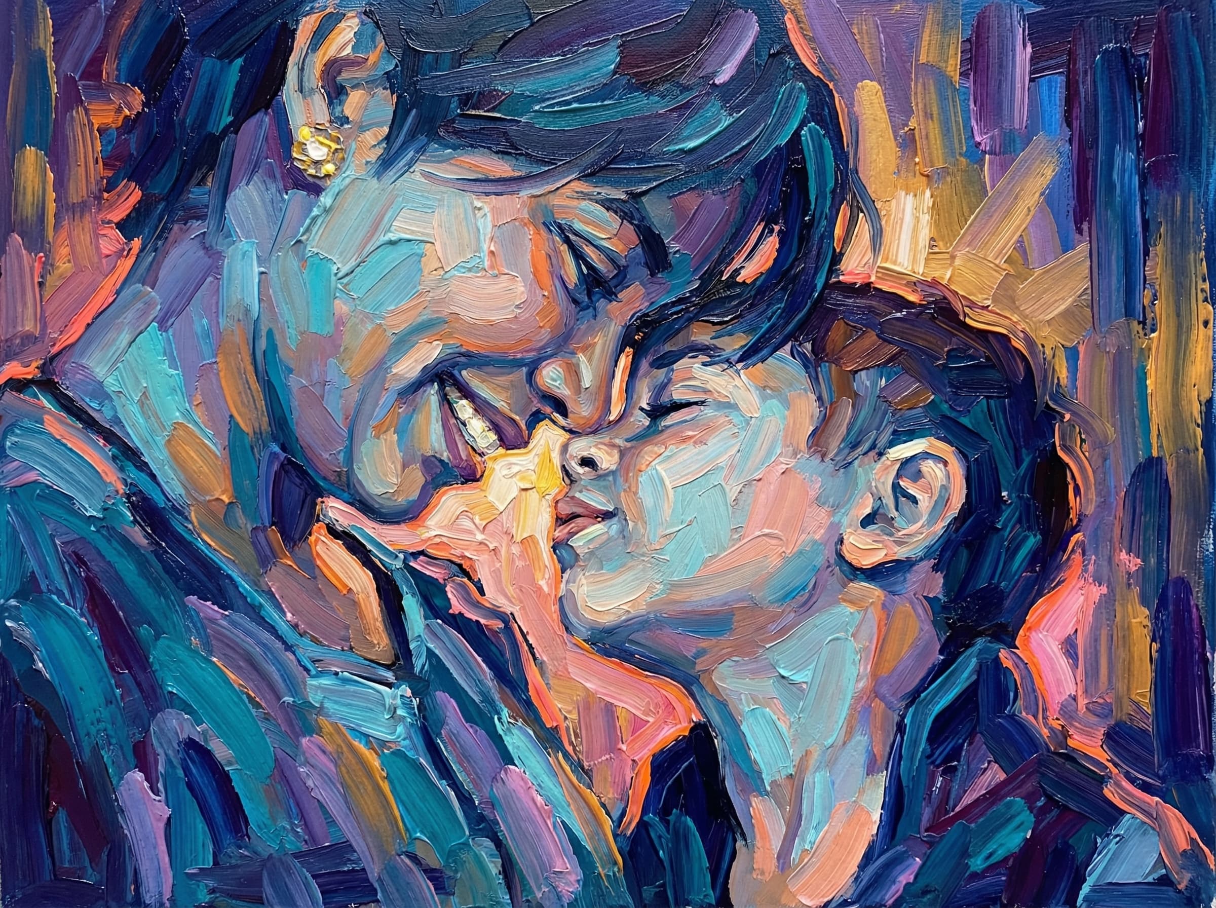 Transform this image into a richly textured impasto oil painting with thick, sculpted brushstrokes. Build the entire portrait using bold, confident strokes of opaque paint, leaving visible ridges and directional marks to mimic traditional palette-knife and heavy-brush techniques. Use expressive, slightly surreal color variations—cool blues, teals, and violets in the shadows, contrasted with warm oranges, yellows, and soft pinks in the highlights. Capture the facial structure with layered strokes rather than blending, creating a tactile, three-dimensional painted surface. Add abstract vertical or radial background strokes in complementary colors to give depth and artistic framing. Highlight reflective areas (like helmets, metals, or fabric) with intensified color bursts and dramatic edge-lighting. The final result should look like a contemporary impasto masterwork: textured, vibrant, expressive, and full of painterly depth, with no smooth digital blending. Transform the provided image according to the style description. Return ONLY the image.