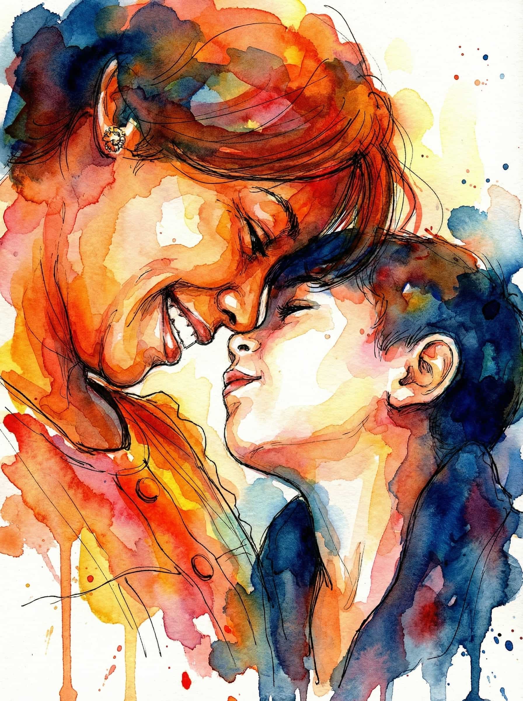 Transform this image into vivid expressive watercolor portrait combined with fine ink linework. Use bold, saturated watercolor splashes in warm oranges, reds, and yellows contrasted with deep blues and indigos. Build the image with layered translucent washes, dynamic bleeding edges, and fluid gradients that merge into each other. Add fine, sketch-like ink outlines to emphasize facial features, hair strands, and structural contours, keeping the lines loose, organic, and slightly imperfect. Include watercolor drips, splatters, and textured paper grain for an energetic handmade feel. Maintain strong color contrasts, luminous highlights, and expressive brushstrokes that mix both controlled detail and loose abstract washes. The final result should look like a vibrant, emotionally charged watercolor portrait enhanced by delicate ink sketch work. Transform the provided image according to the style description. Return ONLY the image.