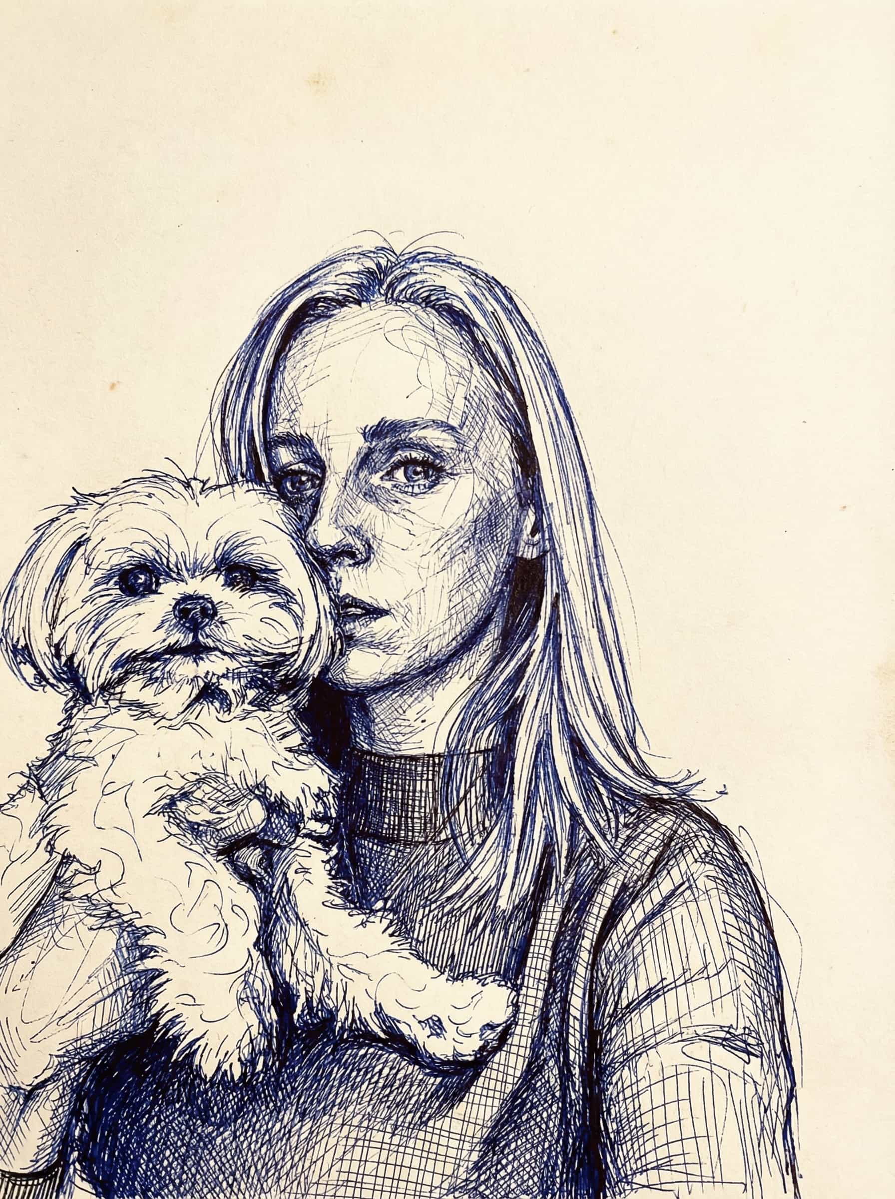 Transform this image into chaotic, intricate pen and ink sketch. Use cross-hatching, fine lines, and scribbles. The style should look like a hand-drawn architectural or portrait sketch on paper with blue and black ink. High contrast, expressive lines. Remove background. Transform the provided image according to the style description. Return ONLY the image.