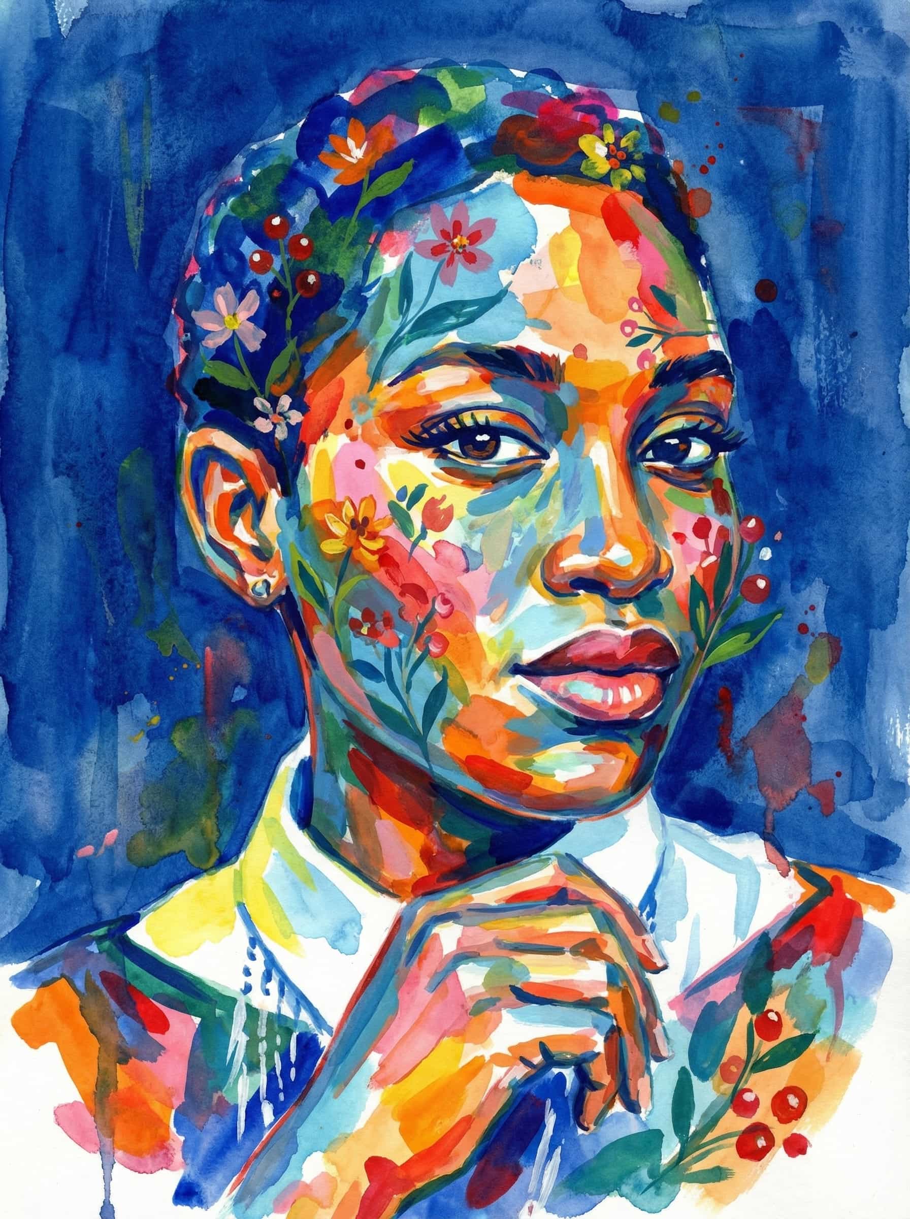 Transform this image into watercolor and gouache painting, adopting the vibrant, abstract style and color palette. The subject is rendered with bold, overlapping brushstrokes and splashes in non-realistic blues, oranges, yellows, reds, pinks, and greens.
Stylized small flowers and berries. The background is replaced with a color: deep blue wash, showing texture and brush marks, partly transparent. Transform the provided image according to the style description. Return ONLY the image.