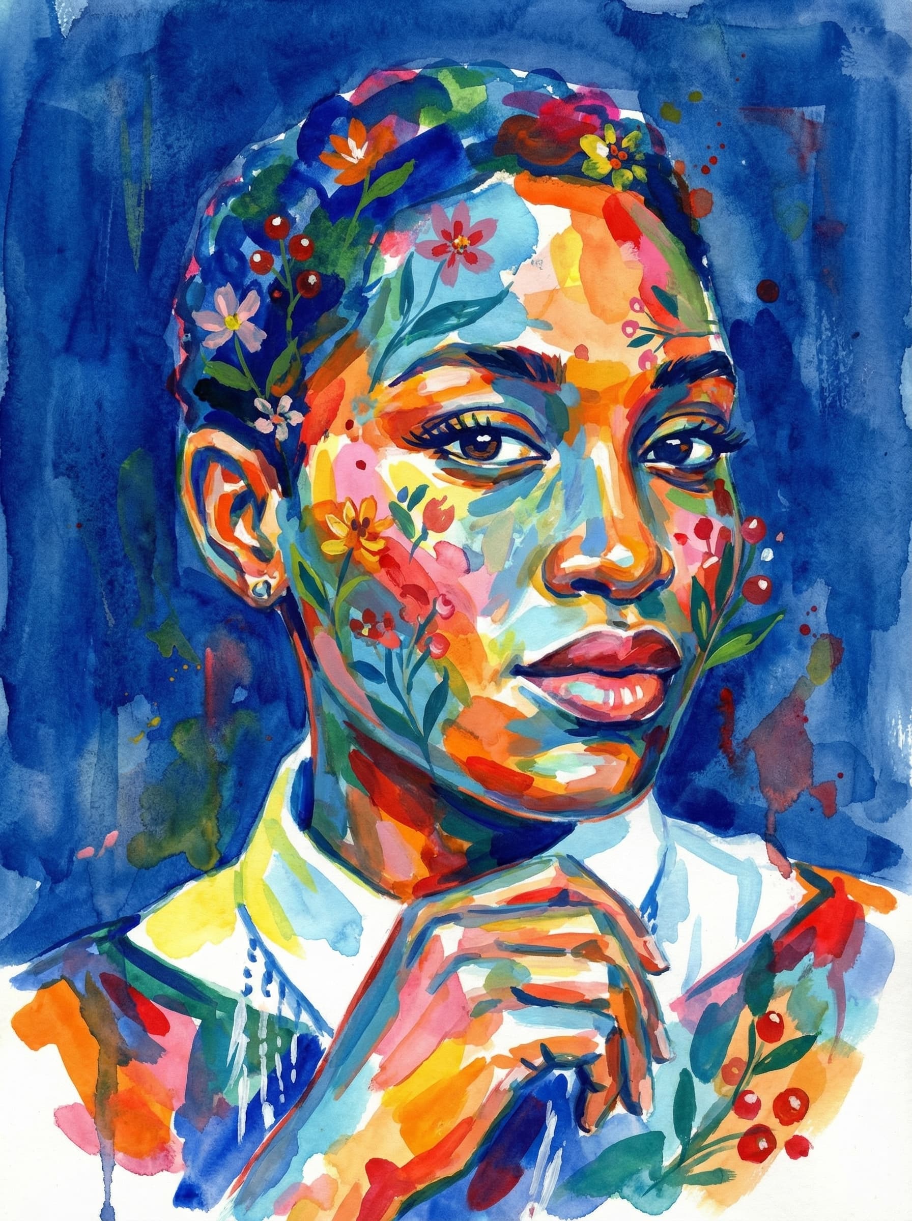 Transform this image into watercolor and gouache painting, adopting the vibrant, abstract style and color palette. The subject is rendered with bold, overlapping brushstrokes and splashes in non-realistic blues, oranges, yellows, reds, pinks, and greens.
Stylized small flowers and berries. The background is replaced with a color: deep blue wash, showing texture and brush marks, partly transparent. Transform the provided image according to the style description. Return ONLY the image.