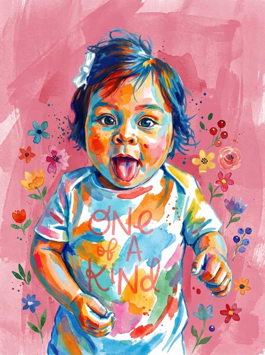 Transform this image into watercolor and gouache painting, adopting the vibrant, abstract style and color palette. The subject is rendered with bold, overlapping brushstrokes and splashes in non-realistic blues, oranges, yellows, reds, pinks, and greens.
Stylized small flowers and berries. The background is replaced with a color: #e56f91 wash, showing texture and brush marks, partly transparent. Transform the provided image according to the style description. Return ONLY the image.