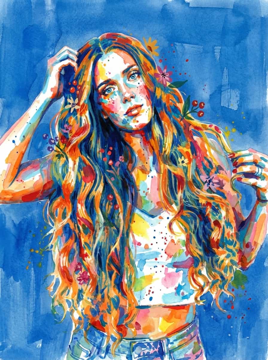 Transform this image into watercolor and gouache painting, adopting the vibrant, abstract style and color palette. The subject is rendered with bold, overlapping brushstrokes and splashes in non-realistic blues, oranges, yellows, reds, pinks, and greens.
Stylized small flowers and berries. The background is replaced with a color: #0962cc wash, showing texture and brush marks, partly transparent. Transform the provided image according to the style description. Return ONLY the image.