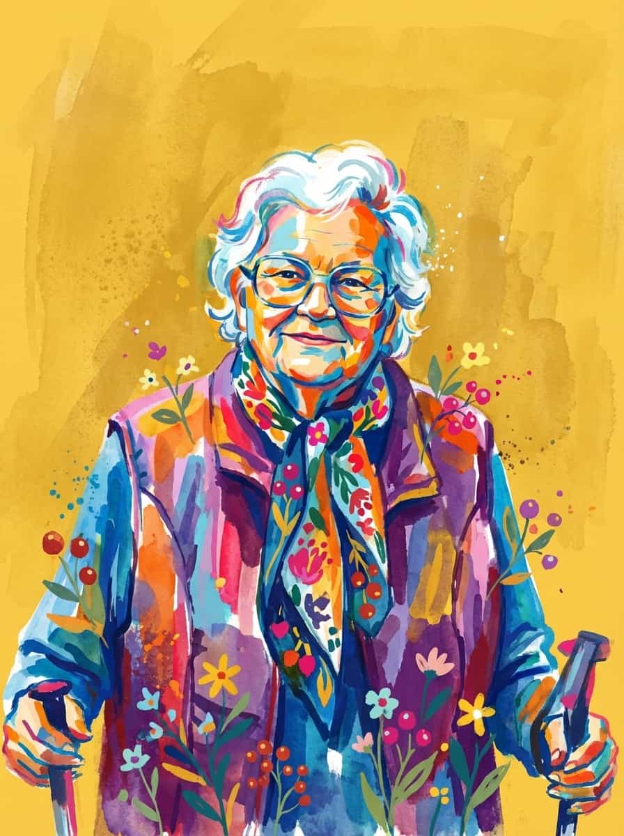 Transform this image into watercolor and gouache painting, adopting the vibrant, abstract style and color palette. The subject is rendered with bold, overlapping brushstrokes and splashes in non-realistic blues, oranges, yellows, reds, pinks, and greens.
Stylized small flowers and berries. The background is replaced with a color: #fdca40 wash, showing texture and brush marks, partly transparent. Transform the provided image according to the style description. Return ONLY the image.