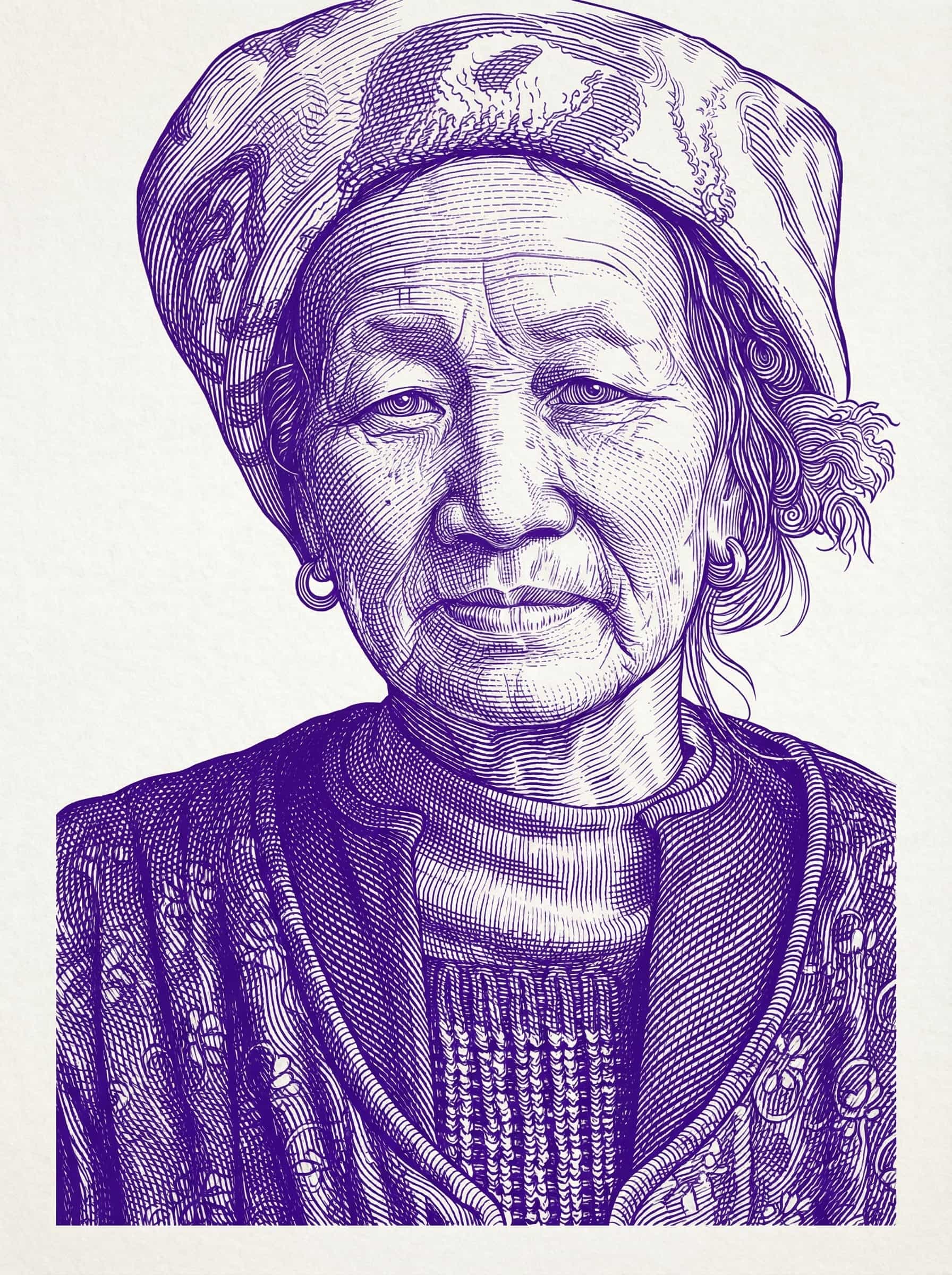 Transform this image into Transform this photo into a classical engraving style characterized by dense, meticulously arranged linework, curved hatching, and sculptural shading reminiscent of vintage banknote engravings and old-world printmaking. Render the entire portrait using fine parallel lines, cross-contours,
and guilloché-inspired wave patterns that create depth, volume, and intricate texture.
Use just #5900B8 ink on a light background to emphasize the craftsmanship of the etched lines.
Facial features should be formed entirely through engraved strokes, with line density increasing in shadowed regions and thinning in highlights.
Curved lines should follow anatomical contours—around the eyes, nose, lips, and cheeks—to sculpt the form with mathematical precision.
In areas like hair and ornamental details, use flowing, rhythmic line clusters and curls similar to classical copperplate engravings.
Eyes should be emphasized with concentric circular line patterns, creating the intense, hypnotic gaze typical of historical engraving styles.
The overall artwork should feel like a high-security banknote portrait or an old master etching—crisp, highly detailed, monochromatic, and elegantly engineered through pure line.
Remove the background and keep just the subject. Transform the provided image according to the style description. Return ONLY the image.
