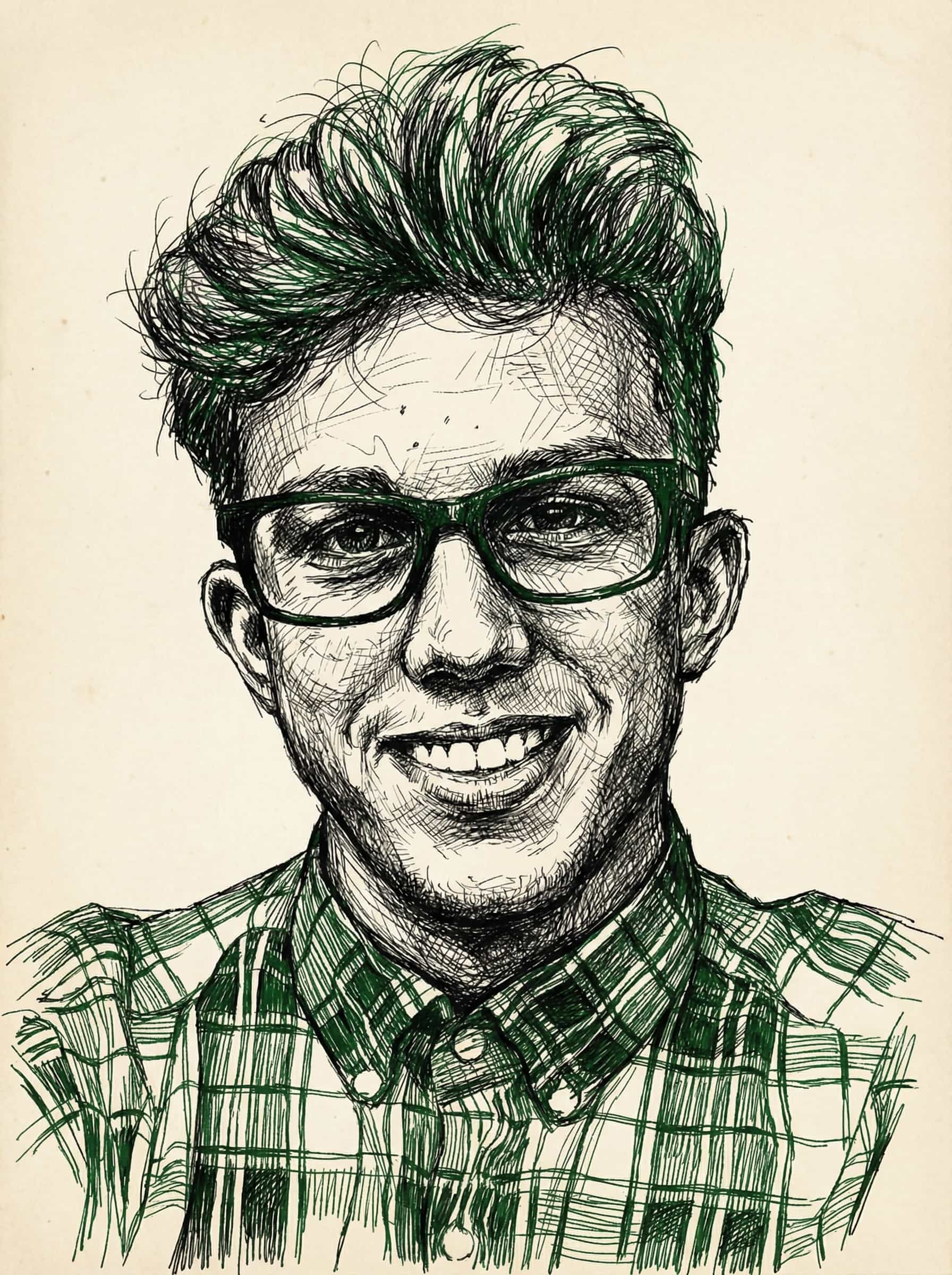 Transform this image into chaotic, intricate pen and ink sketch. Use cross-hatching, fine lines, and scribbles. The style should look like a hand-drawn architectural or portrait sketch on paper with #000000 and #007D06 ink. High contrast, expressive lines. Remove background. Transform the provided image according to the style description. Return ONLY the image.