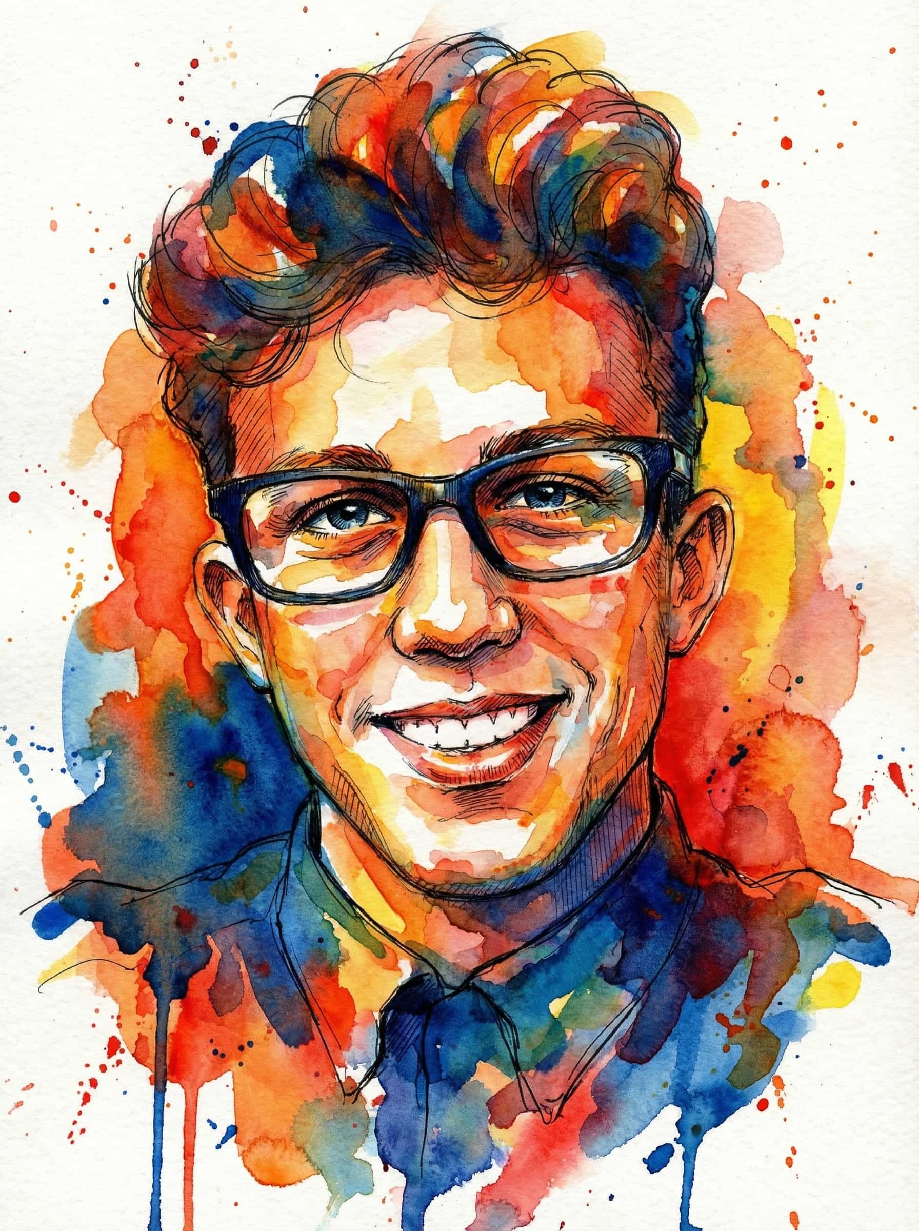 Transform this image into vivid expressive watercolor portrait combined with fine ink linework. Use bold, saturated watercolor splashes in warm oranges, reds, and yellows contrasted with deep blues and indigos. Build the image with layered translucent washes, dynamic bleeding edges, and fluid gradients that merge into each other. Add fine, sketch-like ink outlines to emphasize facial features, hair strands, and structural contours, keeping the lines loose, organic, and slightly imperfect. Include watercolor drips, splatters, and textured paper grain for an energetic handmade feel. Maintain strong color contrasts, luminous highlights, and expressive brushstrokes that mix both controlled detail and loose abstract washes. The final result should look like a vibrant, emotionally charged watercolor portrait enhanced by delicate ink sketch work. Transform the provided image according to the style description. Return ONLY the image.