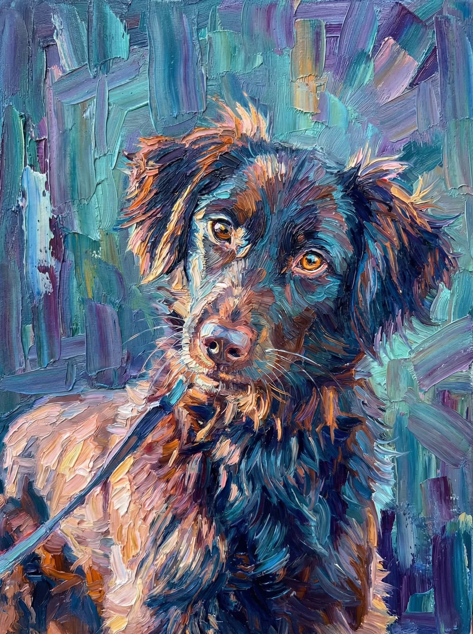 Transform this image into a richly textured impasto oil painting with thick, sculpted brushstrokes. Build the entire portrait using bold, confident strokes of opaque paint, leaving visible ridges and directional marks to mimic traditional palette-knife and heavy-brush techniques. Use expressive, slightly surreal color variations—cool blues, teals, and violets in the shadows, contrasted with warm oranges, yellows, and soft pinks in the highlights. Capture the facial structure with layered strokes rather than blending, creating a tactile, three-dimensional painted surface. Add abstract vertical or radial background strokes in complementary colors to give depth and artistic framing. Highlight reflective areas (like helmets, metals, or fabric) with intensified color bursts and dramatic edge-lighting. The final result should look like a contemporary impasto masterwork: textured, vibrant, expressive, and full of painterly depth, with no smooth digital blending. Transform the provided image according to the style description. Return ONLY the image.