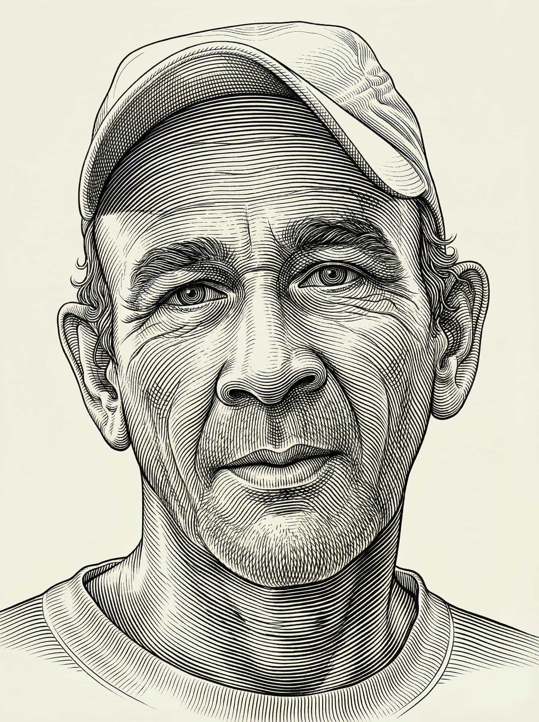 Transform this image into Transform this photo into a classical engraving style characterized by dense, meticulously arranged linework, curved hatching, and sculptural shading reminiscent of vintage banknote engravings and old-world printmaking. Render the entire portrait using fine parallel lines, cross-contours,
and guilloché-inspired wave patterns that create depth, volume, and intricate texture.
Use just ink on a light background to emphasize the craftsmanship of the etched lines.
Facial features should be formed entirely through engraved strokes, with line density increasing in shadowed regions and thinning in highlights.
Curved lines should follow anatomical contours—around the eyes, nose, lips, and cheeks—to sculpt the form with mathematical precision.
In areas like hair and ornamental details, use flowing, rhythmic line clusters and curls similar to classical copperplate engravings.
Eyes should be emphasized with concentric circular line patterns, creating the intense, hypnotic gaze typical of historical engraving styles.
The overall artwork should feel like a high-security banknote portrait or an old master etching—crisp, highly detailed, monochromatic, and elegantly engineered through pure line.
Remove the background and keep just the subject. Transform the provided image according to the style description. Return ONLY the image.