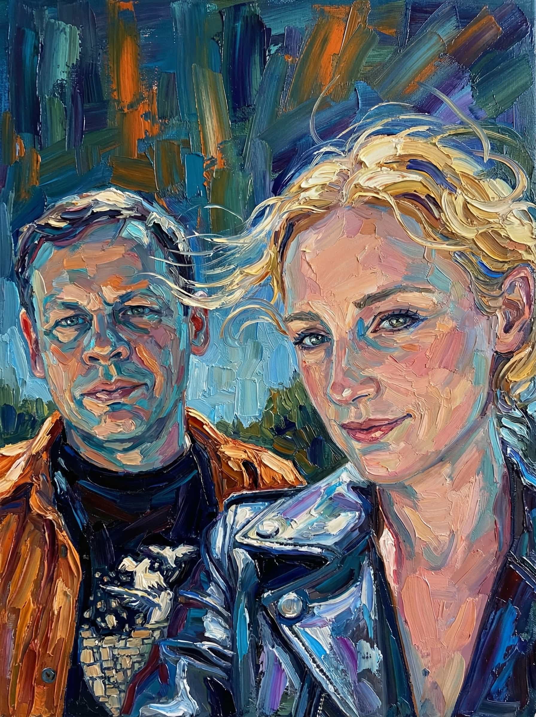 Transform this image into a richly textured impasto oil painting with thick, sculpted brushstrokes. Build the entire portrait using bold, confident strokes of opaque paint, leaving visible ridges and directional marks to mimic traditional palette-knife and heavy-brush techniques. Use expressive, slightly surreal color variations—cool blues, teals, and violets in the shadows, contrasted with warm oranges, yellows, and soft pinks in the highlights. Capture the facial structure with layered strokes rather than blending, creating a tactile, three-dimensional painted surface. Add abstract vertical or radial background strokes in complementary colors to give depth and artistic framing. Highlight reflective areas (like helmets, metals, or fabric) with intensified color bursts and dramatic edge-lighting. The final result should look like a contemporary impasto masterwork: textured, vibrant, expressive, and full of painterly depth, with no smooth digital blending. Transform the provided image according to the style description. Return ONLY the image.