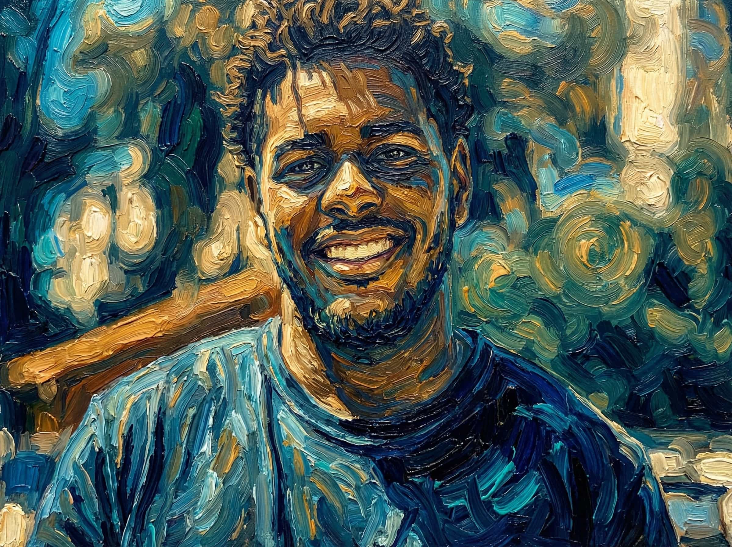Transform this image into a Van Gogh–inspired impasto painting with swirling, textured brushstrokes and rich complementary colors. Use thick layers of paint with visible ridges, especially in the hair, backgrounds, and fabric.
Apply dynamic, circular motions around light sources to create a glowing, radiant effect.
Emphasize deep blues, teals, and warm golds, blending them with expressive strokes that create movement.
Render faces with sculpted, directional strokes that highlight contours rather than photorealistic detail.
Background painted with swirling brushstrokes.
Overall, the artwork should feel emotional, tactile, and vibrant, combining romantic atmosphere with bold post-impressionist medium impasto textures. Transform the provided image according to the style description. Return ONLY the image.