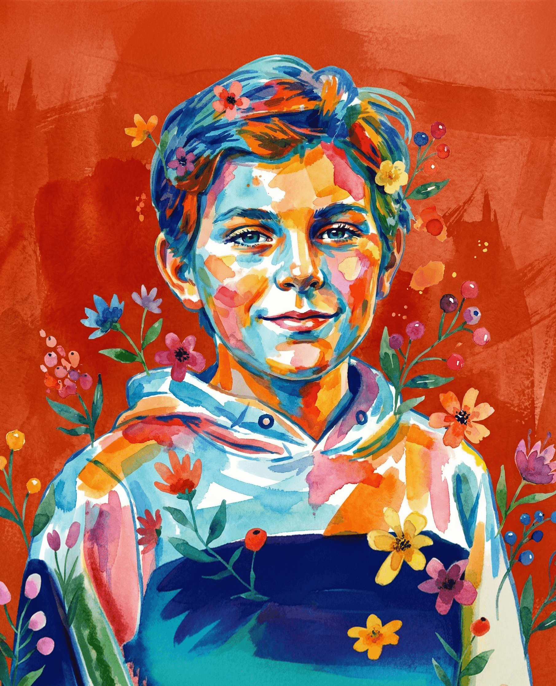 Transform this image into watercolor and gouache painting, adopting the vibrant, abstract style and color palette. The subject is rendered with bold, overlapping brushstrokes and splashes in non-realistic blues, oranges, yellows, reds, pinks, and greens.
Stylized small flowers and berries. The background is replaced with a color: #da3c09 wash, showing texture and brush marks, partly transparent. Transform the provided image according to the style description. Return ONLY the image.