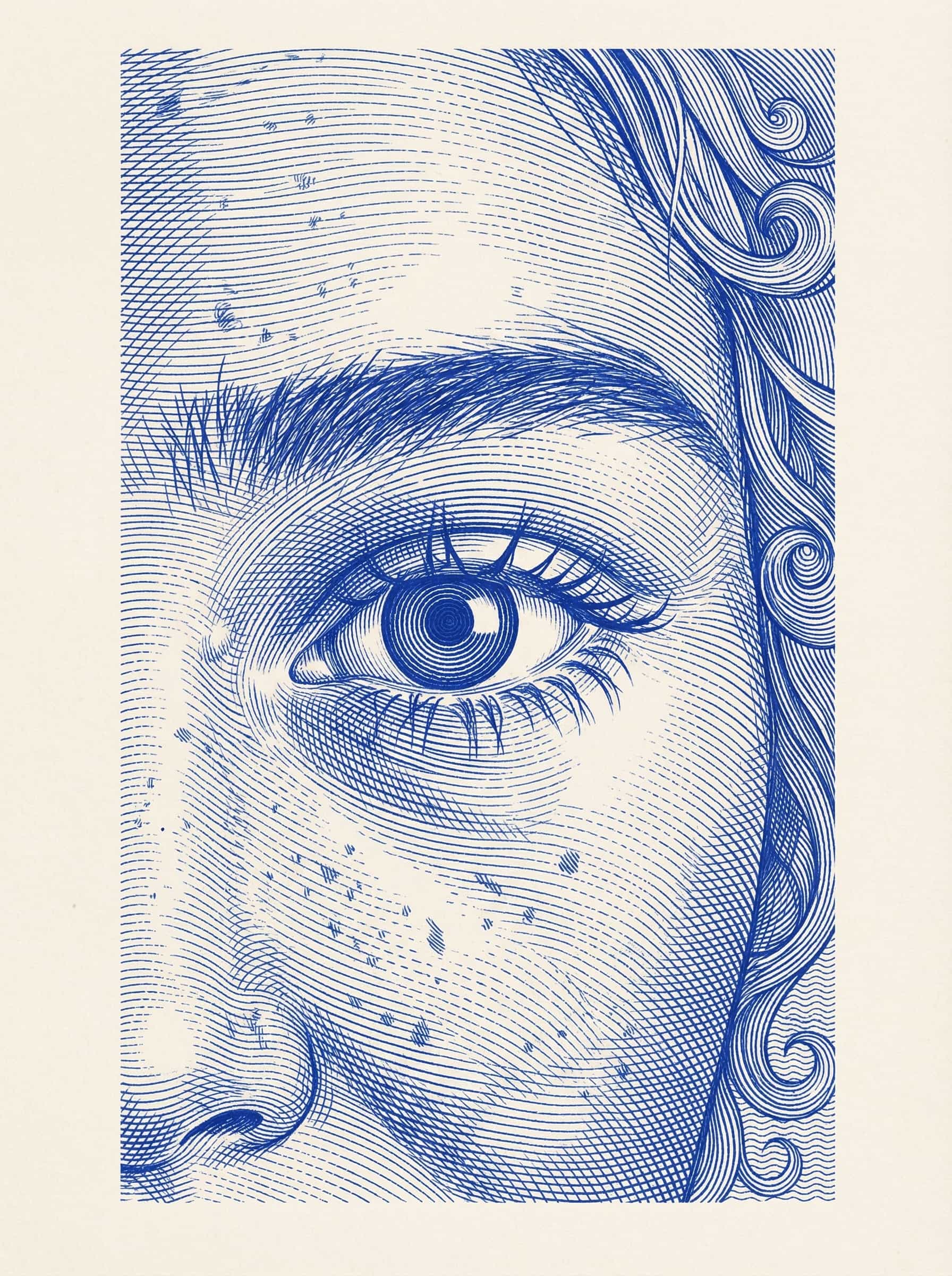 Transform this image into Transform this photo into a classical engraving style characterized by dense, meticulously arranged linework, curved hatching, and sculptural shading reminiscent of vintage banknote engravings and old-world printmaking. Render the entire portrait using fine parallel lines, cross-contours,
and guilloché-inspired wave patterns that create depth, volume, and intricate texture.
Use just #1e45cf ink on a light background to emphasize the craftsmanship of the etched lines.
Facial features should be formed entirely through engraved strokes, with line density increasing in shadowed regions and thinning in highlights.
Curved lines should follow anatomical contours—around the eyes, nose, lips, and cheeks—to sculpt the form with mathematical precision.
In areas like hair and ornamental details, use flowing, rhythmic line clusters and curls similar to classical copperplate engravings.
Eyes should be emphasized with concentric circular line patterns, creating the intense, hypnotic gaze typical of historical engraving styles.
The overall artwork should feel like a high-security banknote portrait or an old master etching—crisp, highly detailed, monochromatic, and elegantly engineered through pure line.
Remove the background and keep just the subject. Transform the provided image according to the style description. Return ONLY the image.