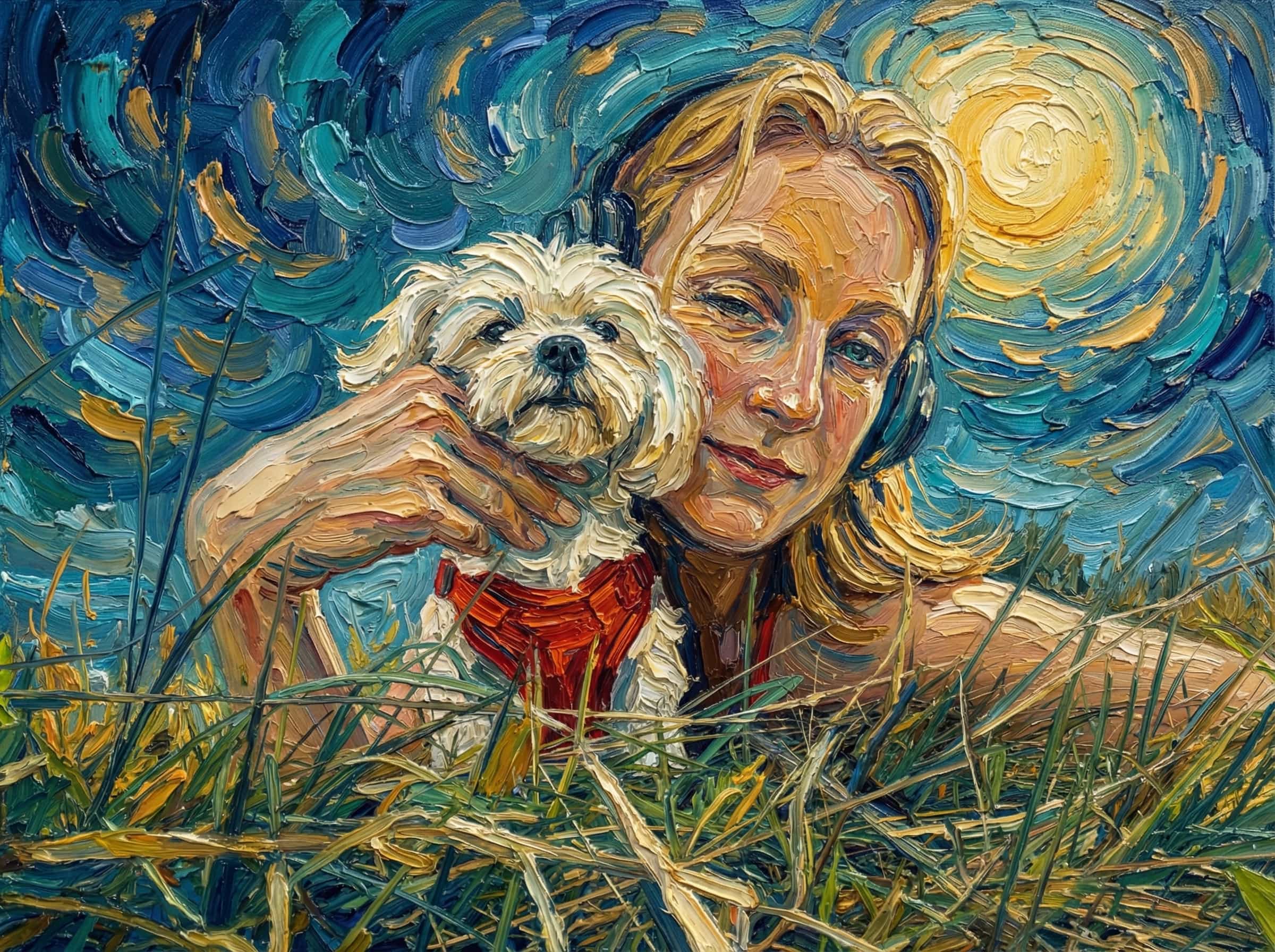 Transform this image into a Van Gogh–inspired impasto painting with swirling, textured brushstrokes and rich complementary colors. Use thick layers of paint with visible ridges, especially in the hair, backgrounds, and fabric.
Apply dynamic, circular motions around light sources to create a glowing, radiant effect.
Emphasize deep blues, teals, and warm golds, blending them with expressive strokes that create movement.
Render faces with sculpted, directional strokes that highlight contours rather than photorealistic detail.
Background painted with swirling brushstrokes.
Overall, the artwork should feel emotional, tactile, and vibrant, combining romantic atmosphere with bold post-impressionist medium impasto textures. Transform the provided image according to the style description. Return ONLY the image.