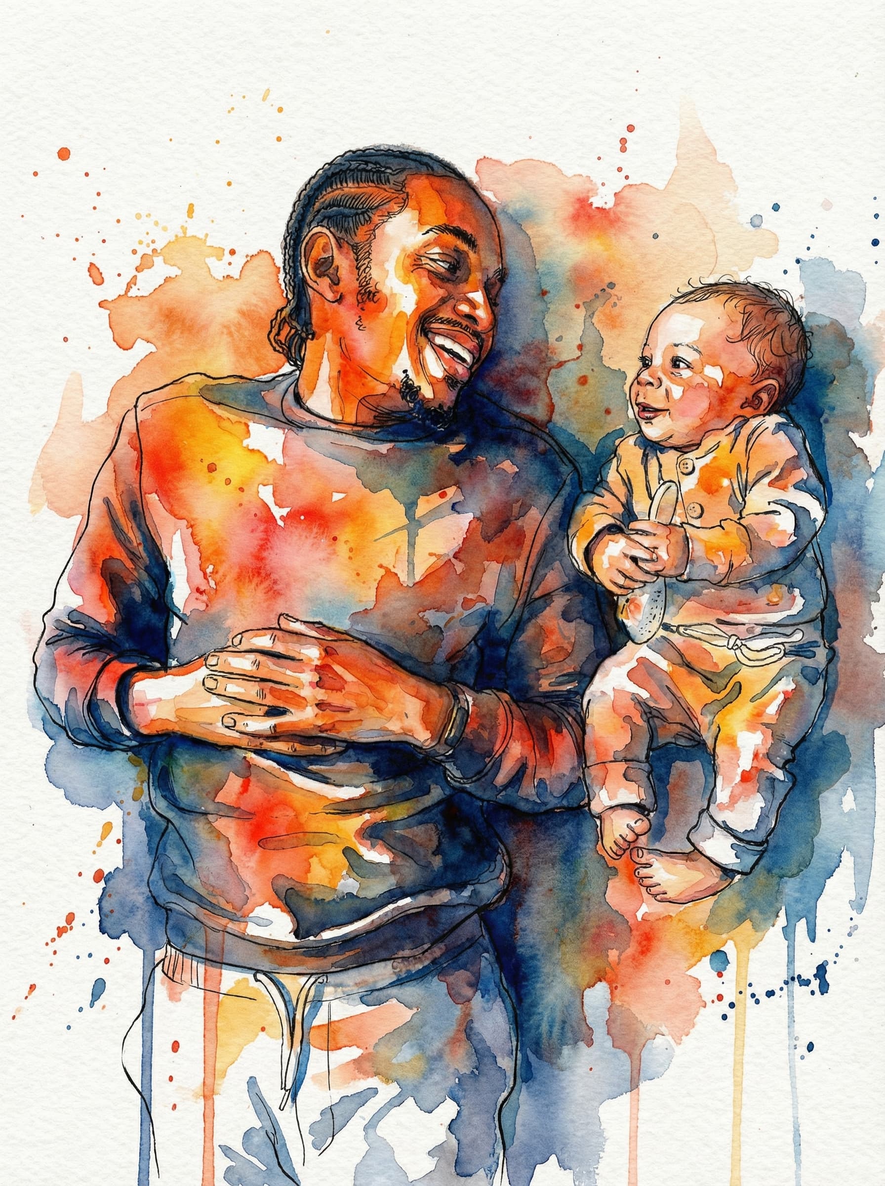 Transform this image into vivid expressive watercolor portrait combined with fine ink linework. Use bold, saturated watercolor splashes in warm oranges, reds, and yellows contrasted with deep blues and indigos. Build the image with layered translucent washes, dynamic bleeding edges, and fluid gradients that merge into each other. Add fine, sketch-like ink outlines to emphasize facial features, hair strands, and structural contours, keeping the lines loose, organic, and slightly imperfect. Include watercolor drips, splatters, and textured paper grain for an energetic handmade feel. Maintain strong color contrasts, luminous highlights, and expressive brushstrokes that mix both controlled detail and loose abstract washes. The final result should look like a vibrant, emotionally charged watercolor portrait enhanced by delicate ink sketch work. Transform the provided image according to the style description. Return ONLY the image.